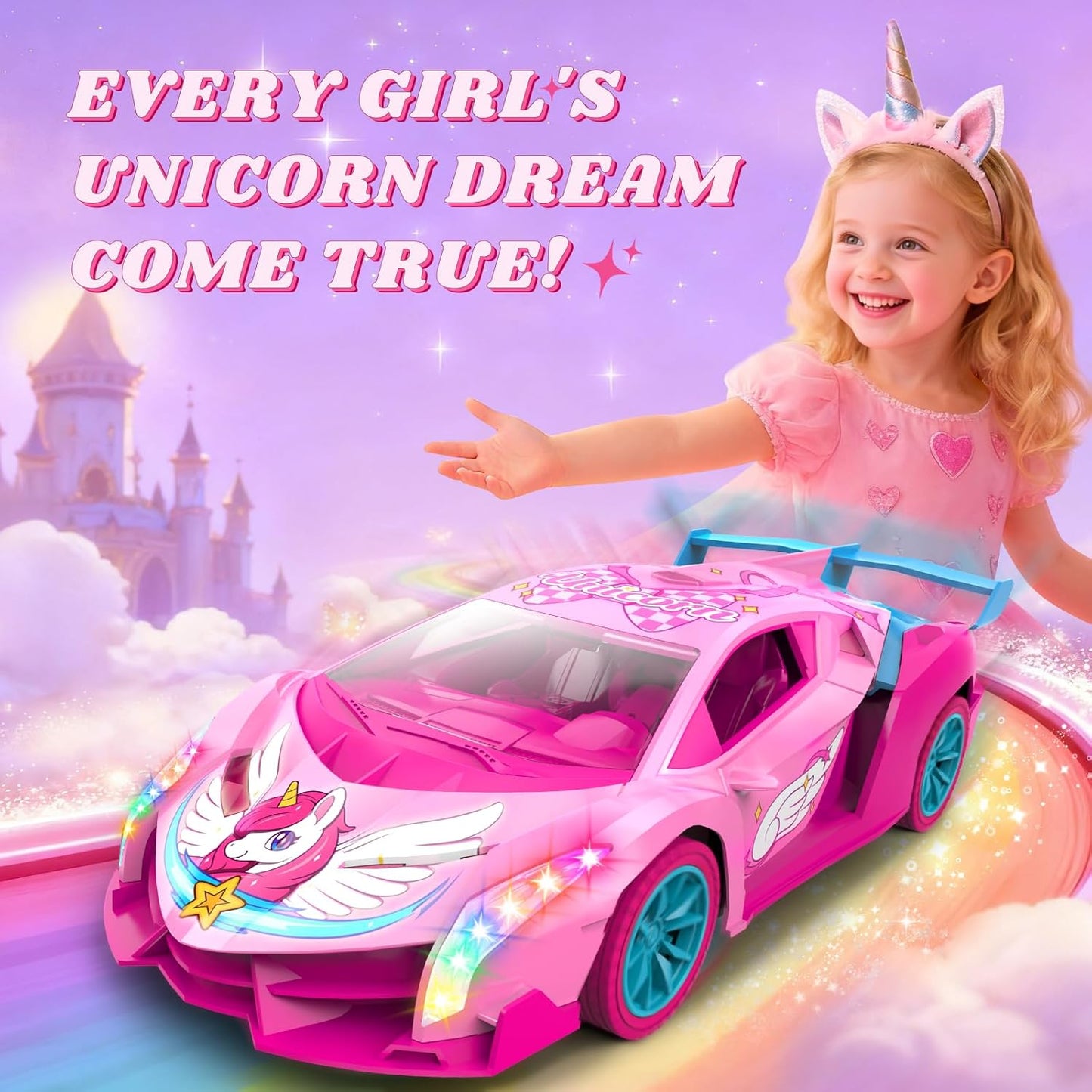 Unicorn RC Car for Girls, Rainbow Glow & Drift Wing Remote Control Car,2.4GHz RC Cars 1:18 Scale,Kids Toys Age 3 4 5 6 7 8 9 10 11 12,Girls Birthday Gifts,Valentines Day Gifts for Kids 3-12 Year Old