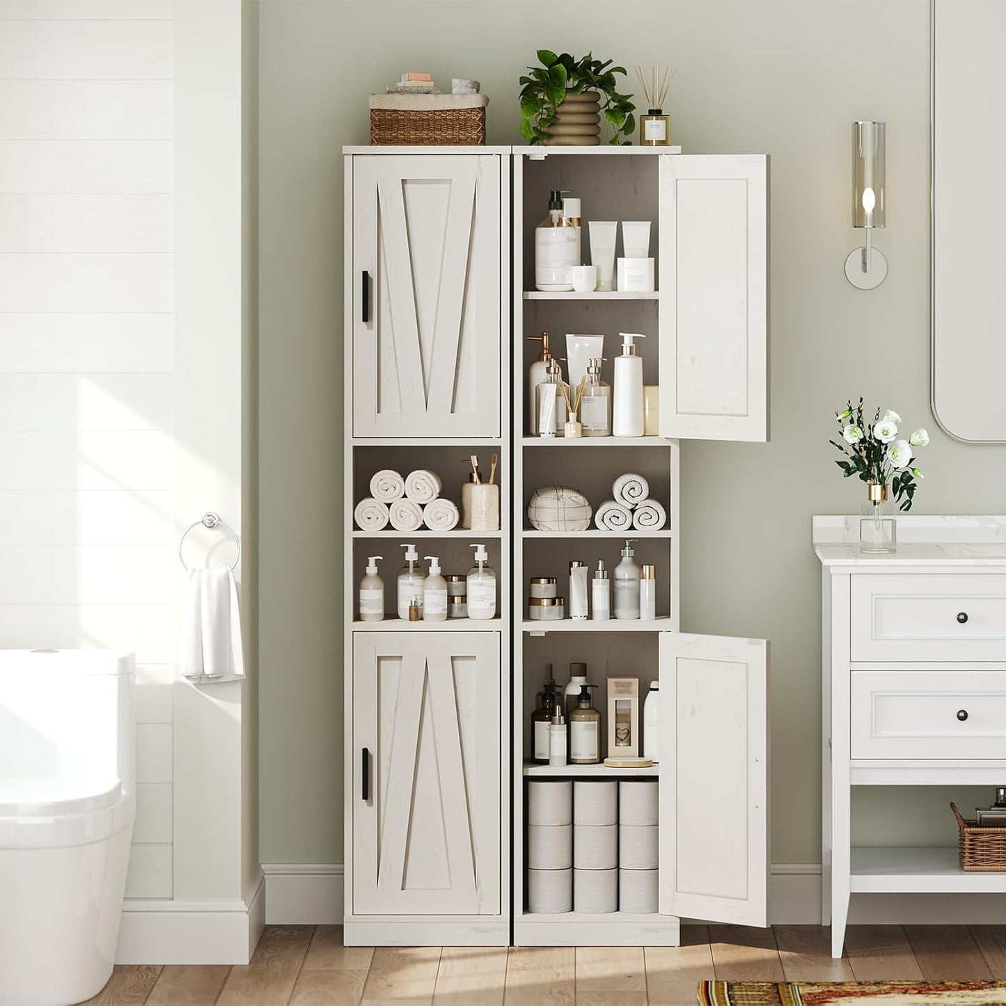 Tall Bathroom Cabinet with 2 Barn Doors, Farmhouse Storage Cabinet with Adjustable Shelves, Freestanding Bathroom Storage Organizer for Small Space, Kitchen, Bedroom, Cloud White