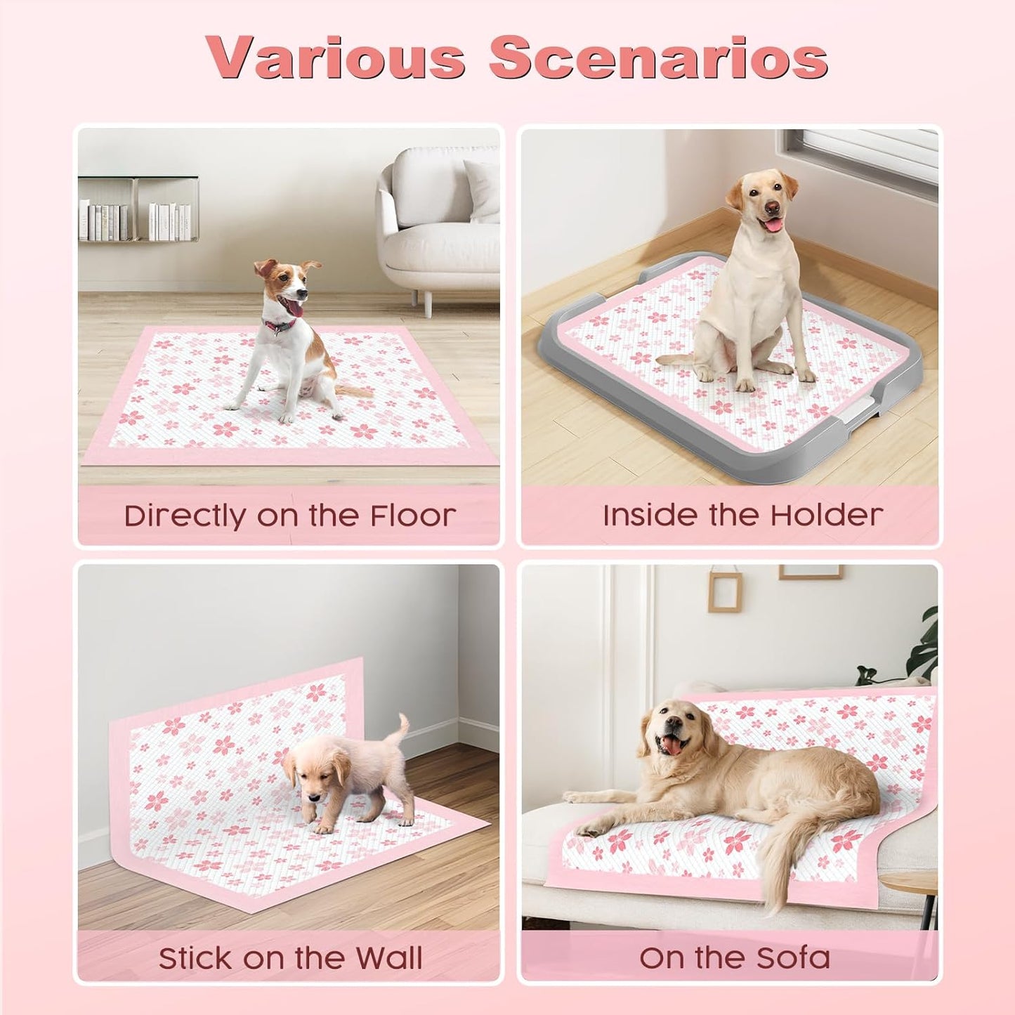 MIZOK Dog Pee Pads Extra Large 28"x34", Potty Pads for Big Dog Breeds, Super Absorbent & Leak-Proof, Pink Cherry Blossom Prints, Thick & Heavy, 4 Adhesive Tabs, XL (40 Counts)