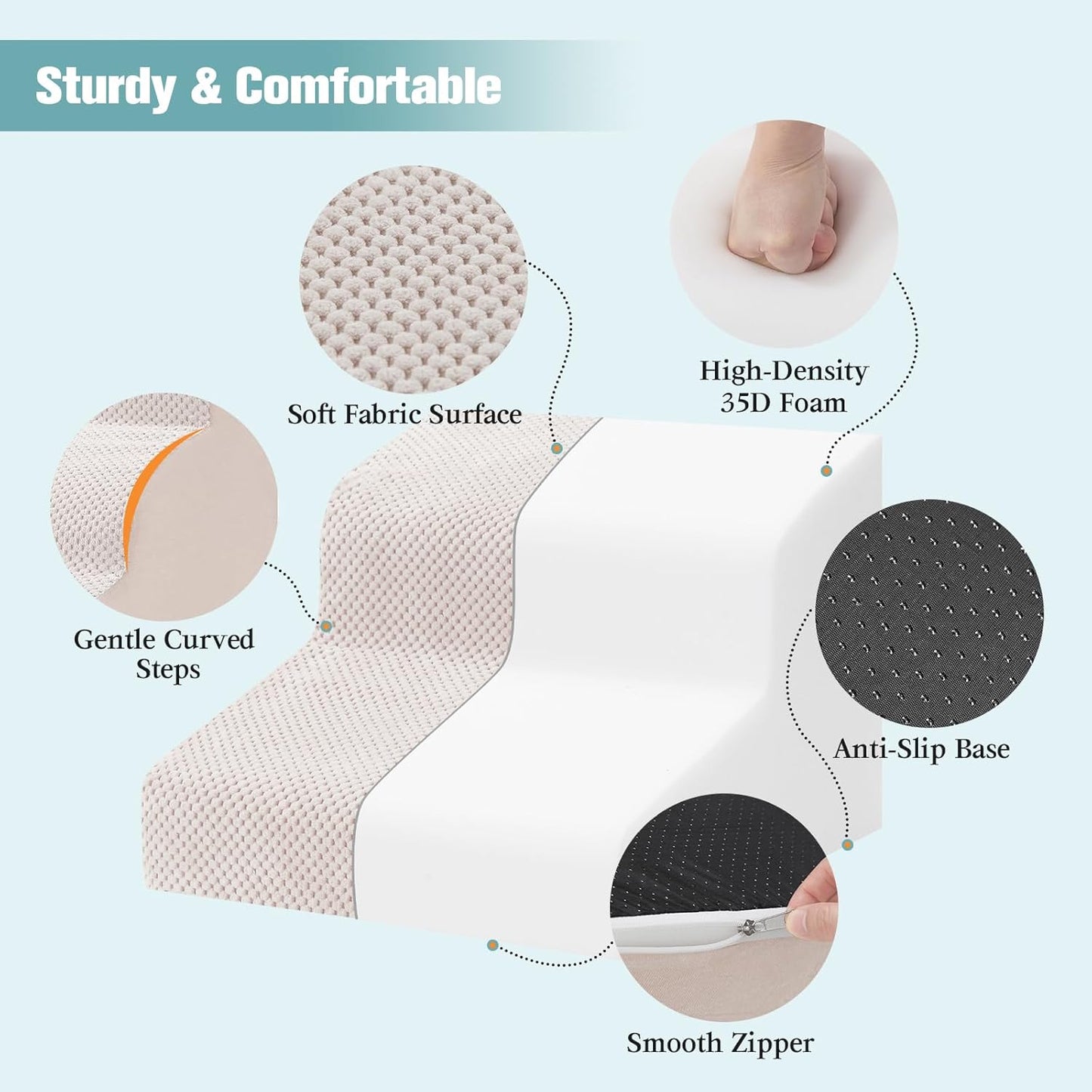 Dog Stairs for Small Dogs, 2-Step Dog Steps for Couch Sofa and Chairs, High-Density Foam Pet Steps Ramp with Removable Washable Cover for Older Injured Puppy Dogs and Cats, 11.81" H, Beige