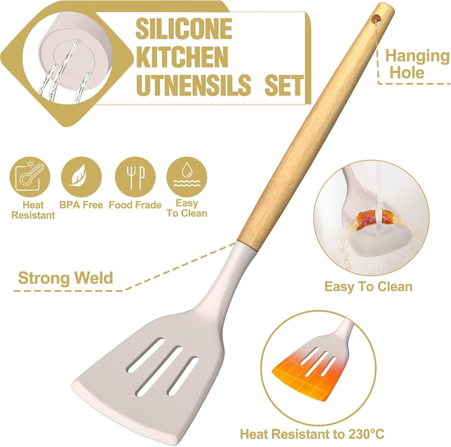 Thickened Silicone Cooking Utensils Set- Umite Chef Khaki Kitchen Utensils Set, 34PCS Heat Resistant Kitchen Gadgets Tools Set with Grater, BPA-Free Kitchen Spatula Set for Nonstick Cookware