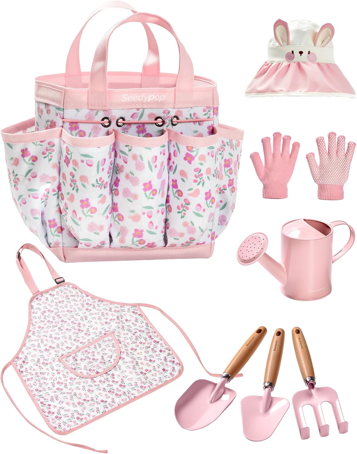 Kids Gardening Tool Set Toys - 8 Pieces Quality Garden Kit for Toddlers & Kids with Shovels, Rake, Watering Can, Hat, Apron, Gloves & Storage Bag (Pink Flower)