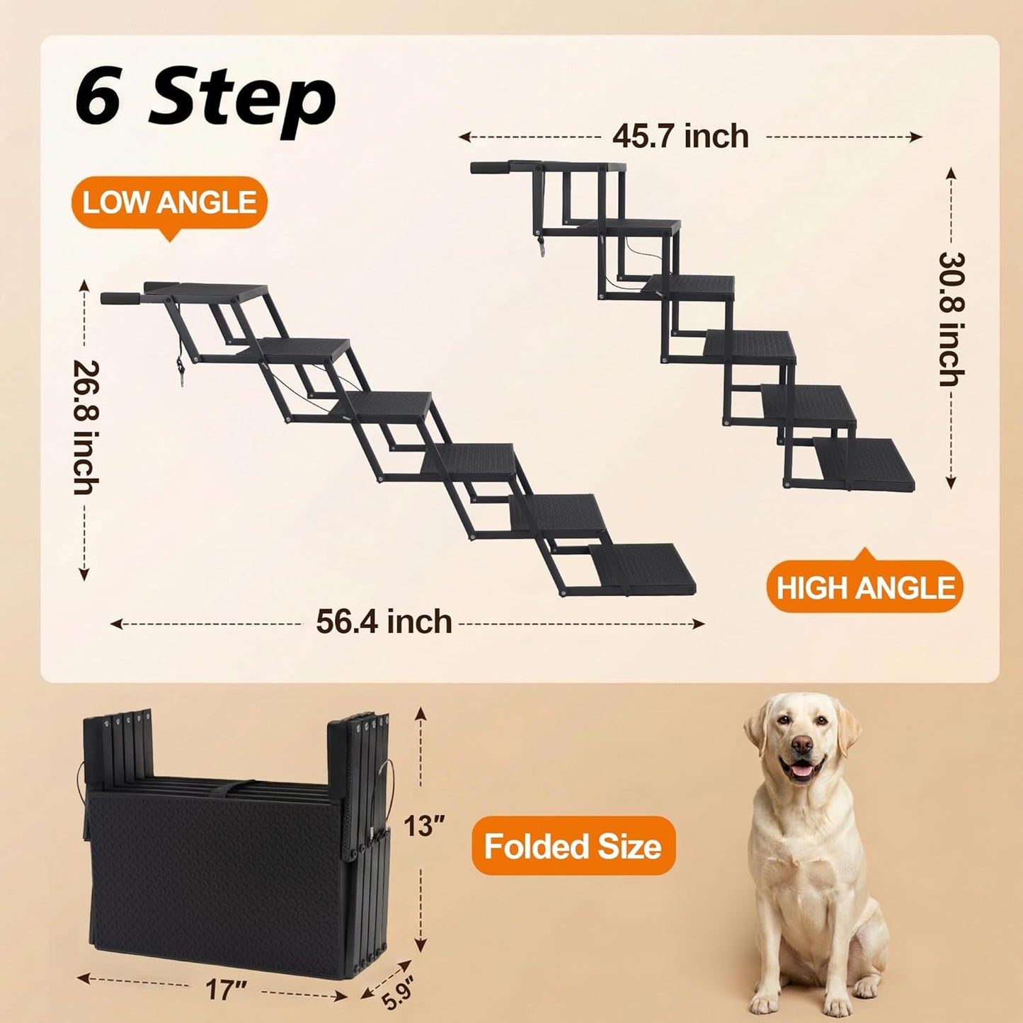 Dog Stairs for Car, Foldable Dog Steps for Large Dogs, 6-Step Ultra-Lightweight Non-Slip Dog Ramps Supports Up to 200 lbs, Suitable for SUV,Truck, Sofas, Bed