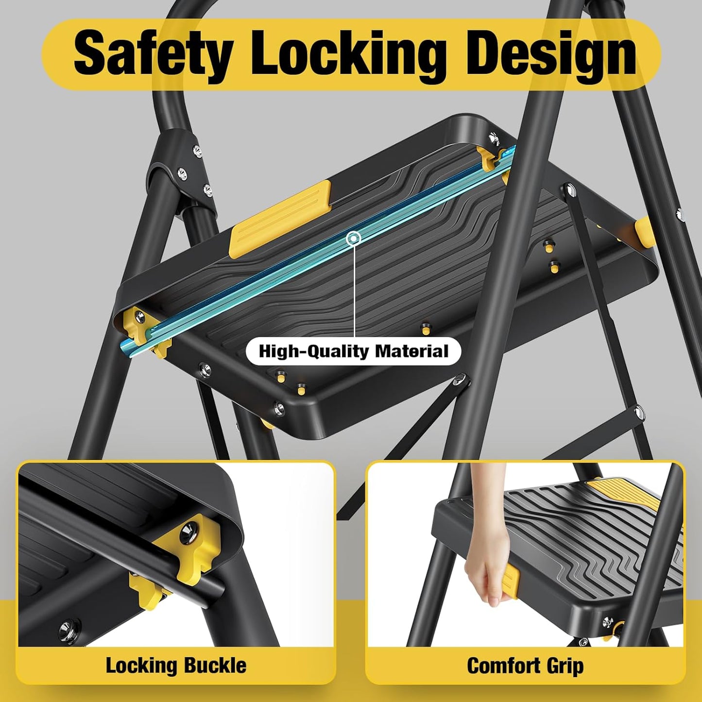 4 Step Ladder, Heavy-Duty Pass 800lb Capacity Test, Wide Anti-Slip Steps & Secure Handrail Compact, Folding Step Stool Portable Design for Home, Kitchen, Office, Pantry, Closet Use, Black