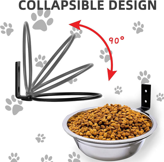 Wall Mounted Dog Bowls-2 * 16 Oz, Stainless-Steel Raised Adjustable Height Dog Food and Water Bowls, Elevated Pet Comfort Feeding Bowl for Medium Large Dogs Cats(Collapsible)