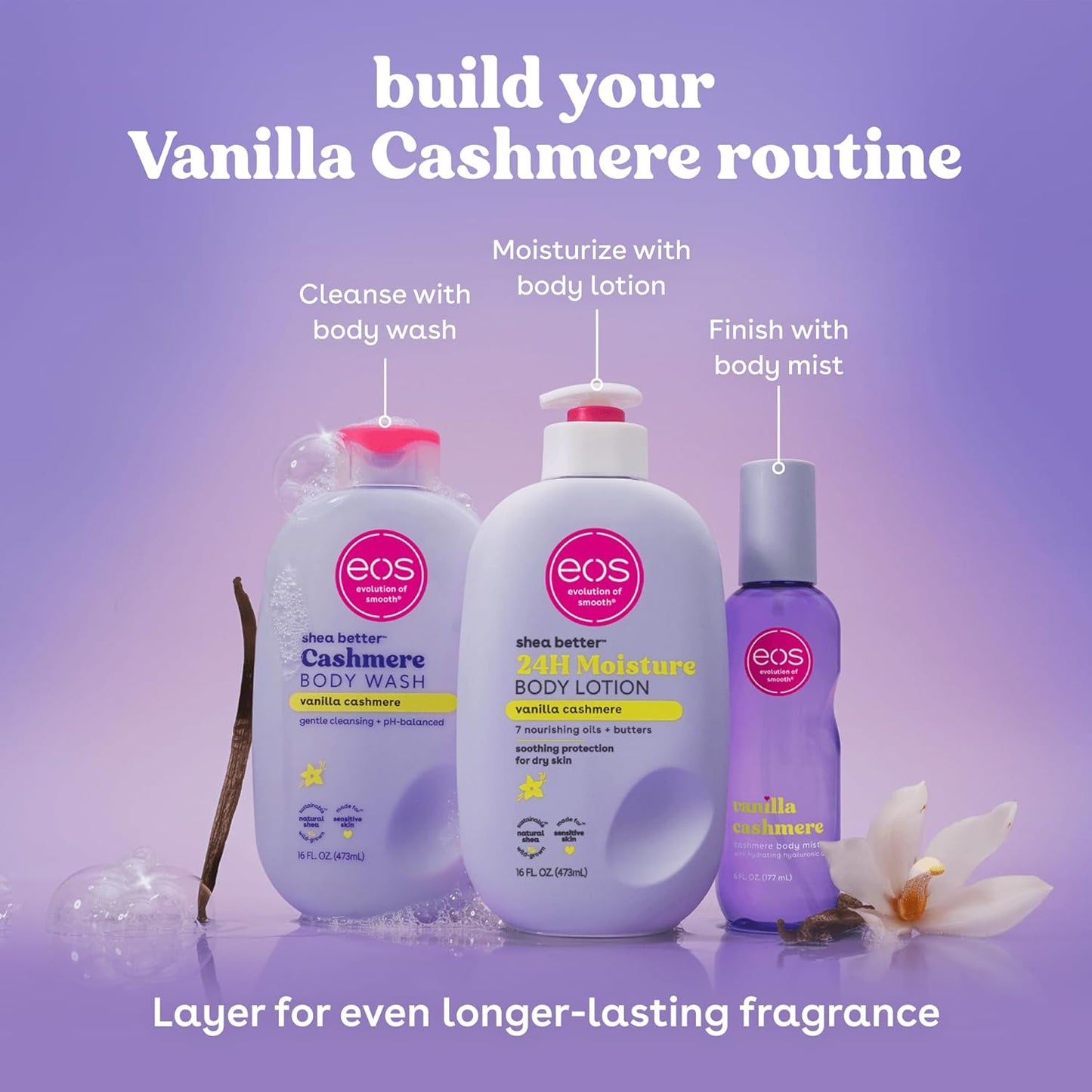 eos Shea Better Body Lotion Vanilla Cashmere, 24-Hour Moisture Skin Care, Lightweight & Non-Greasy, Natural Shea, Vegan, Vanilla Body Lotion, 16 fl oz