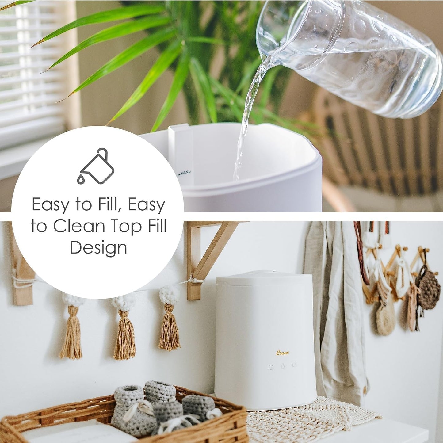 Crane Top Fill Ultrasonic Cool Mist Humidifier for Bedroom and Large Rooms, 1.2 Gallon Essential Oil Diffuser with Nightlight and Auto Shut-Off