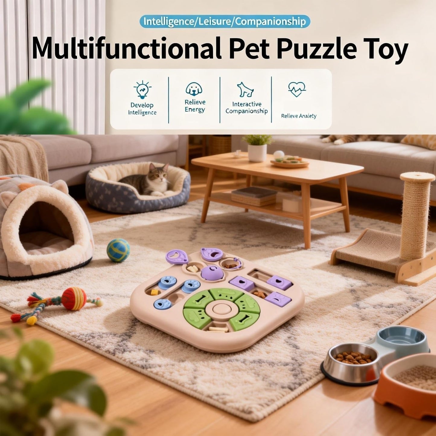 Interactive Cat Puzzle Toy & Treat Dispenser - Maze Slow Feeder for Small, Medium & Large Cats, Enrichment Toy for IQ Training, Reduces Bloating & Prevents Gulping (Light Blue)