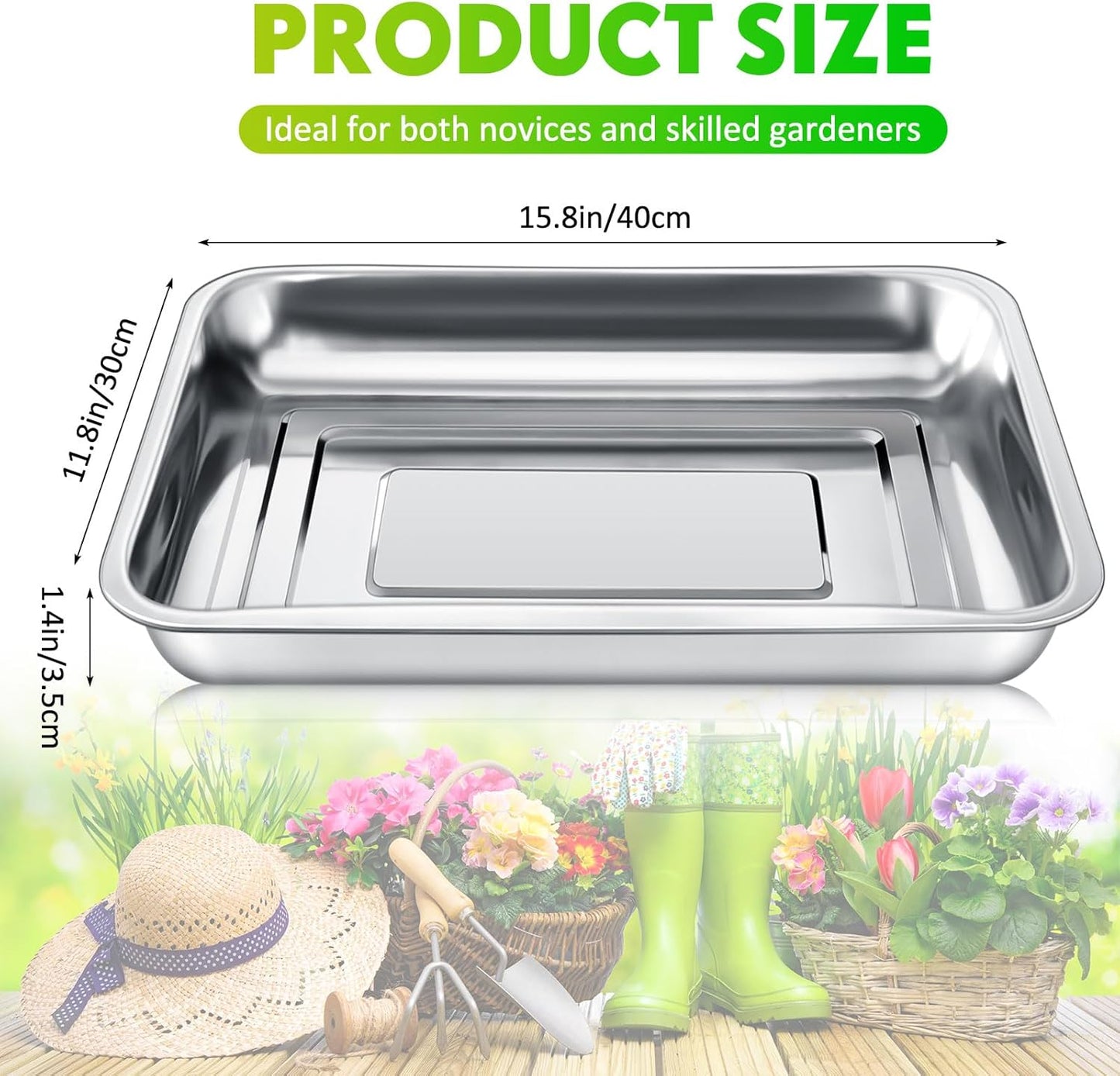 10 Pcs Stainless Steel Seed Starter Tray, Stainless Metal Garden Trays, Nursery Seedling Pots for Collection Transplantation & Propagation Flats, No Drain Holes(15.8 x 11.8 x 1.4 Inch)