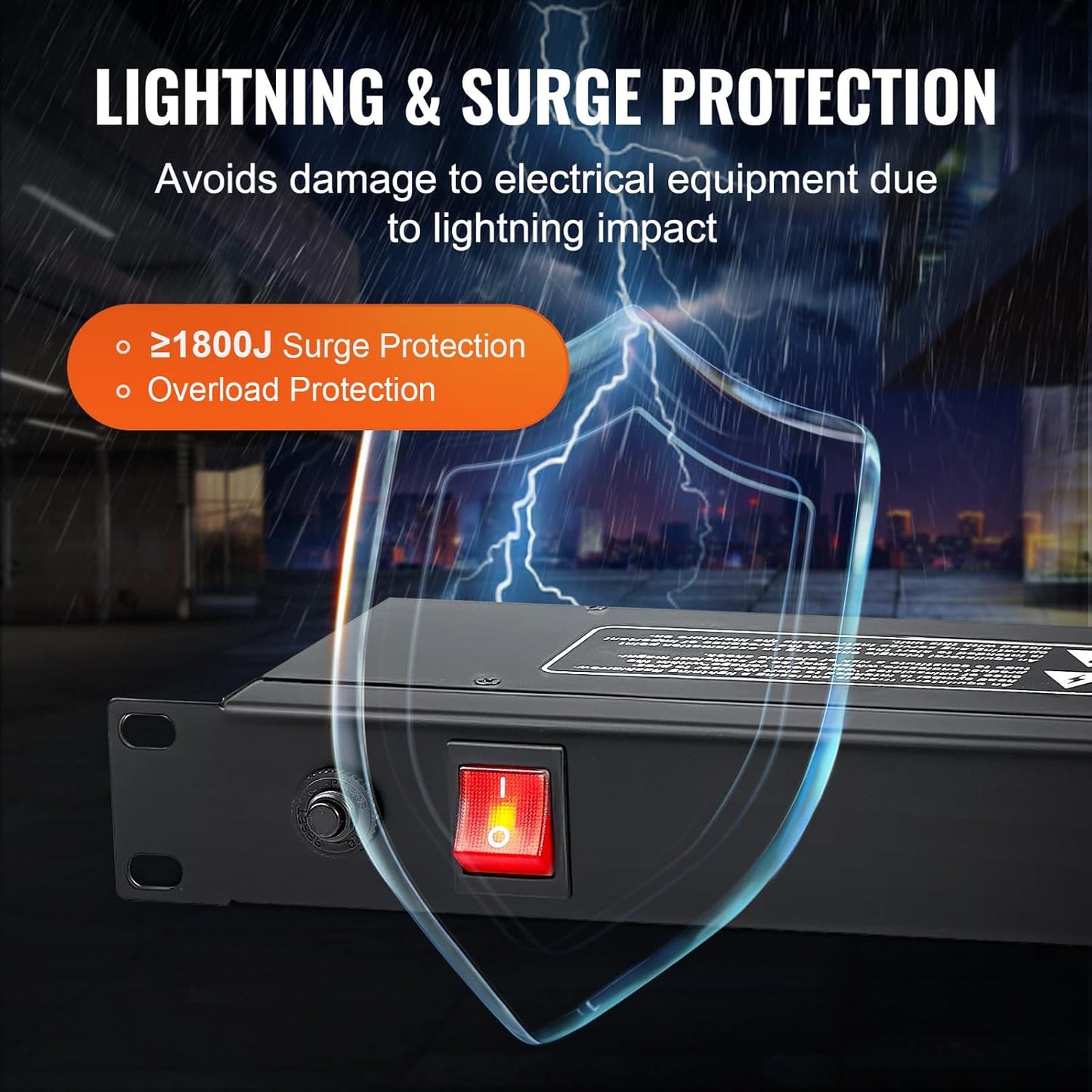 VEVOR 8 Outlet Horizontal 1U Rack Mount PDU Power Strip for Network Server Racks, Surge Protection & Overload Protection, 110-125V/15A, with 6ft 14AWG Power Cord