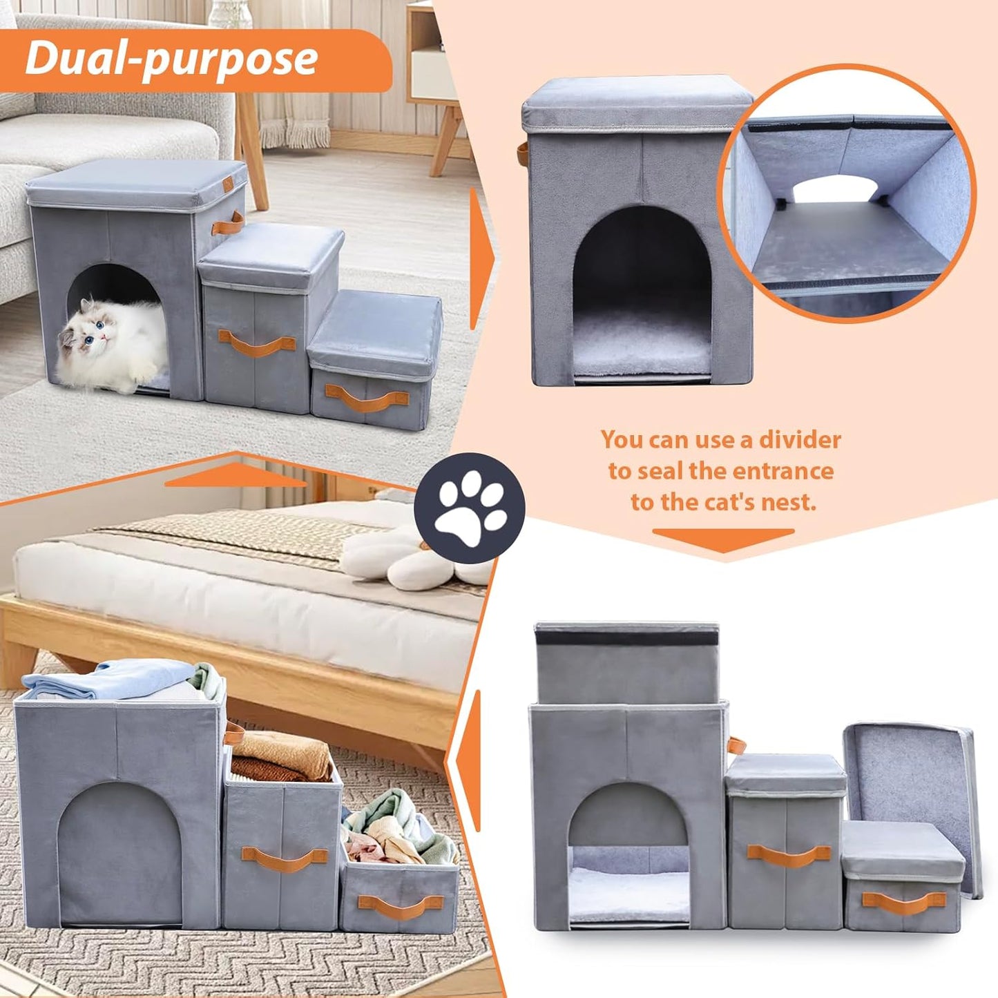 24" H Dog Stairs for High Beds Up to 32" H - Pet Steps for Small Medium or Large Dogs, Foldable Cat Stairs with Storage & Condo, 3-Step Pet Stairs for Couch & Window Sill, Hold Up to 150Lbs