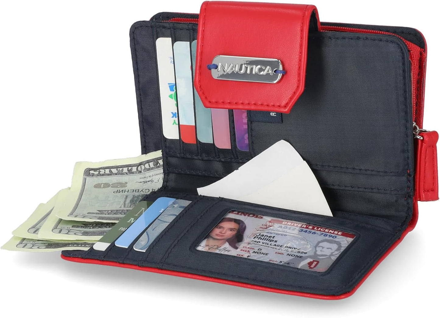 Nautica Womens, Close Reach Vegan Leather RFID Wallet, Small Credit Card Holder Purse with Zipper Coin Pocket and ID Window in Fuego Red
