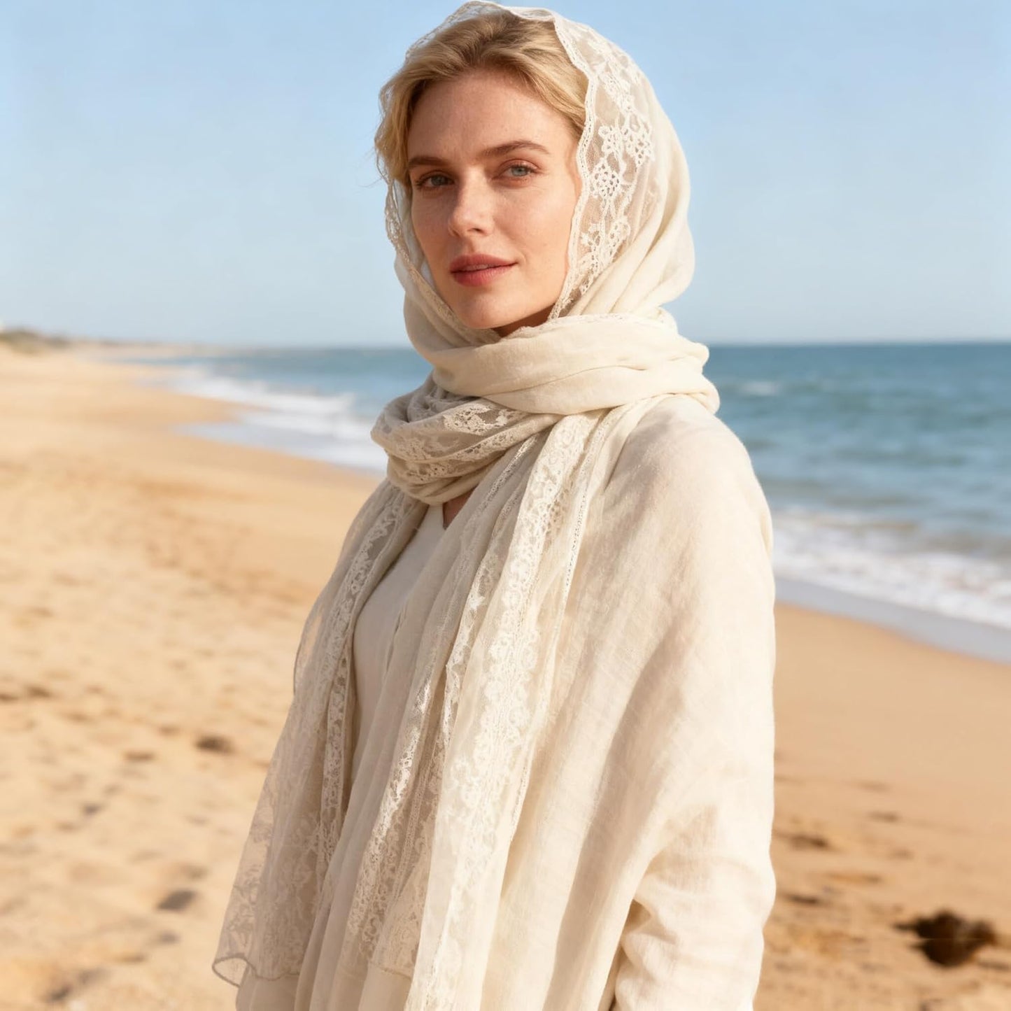 INOGIH Fashion Breathable Lace Cotton-Linen Scarfs Large Soft Sun-Protection Shawl-Wrap for Daily All Season