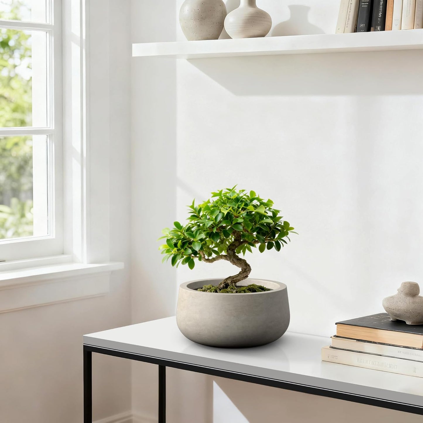 Kante 15.7" Dia Round Concrete Planter, Outdoor Indoor Garden Plant Pots with Drainage Hole and Rubber Plug, Modern Curvaceous Design, Weathered Concrete