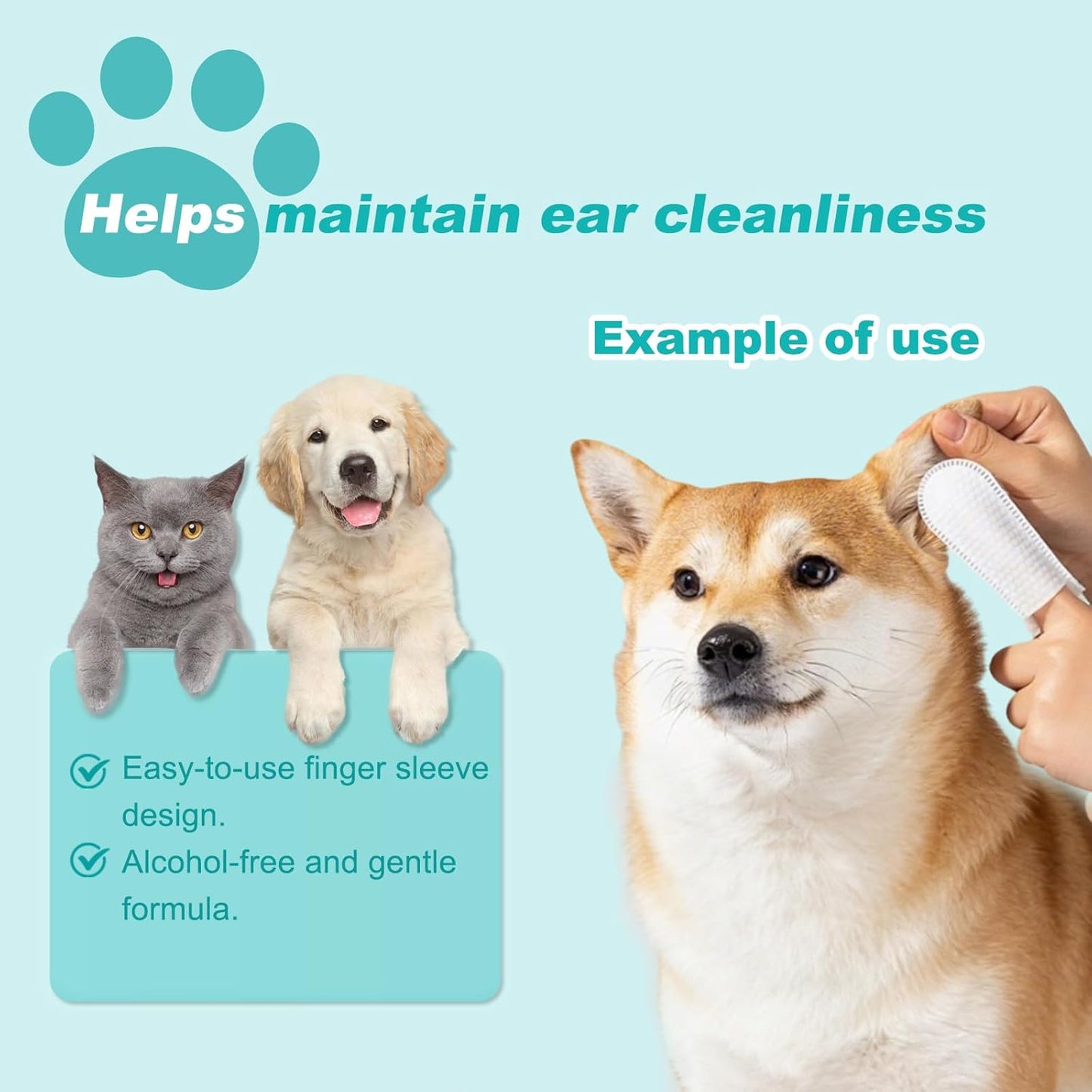Dog & Cat Ear Cleaning Wipes – Finger-Sleeve Design for Gentle Cleaning | Removes Ear Wax, Dirt, and Debris | 50 Count Pet Grooming Wipes