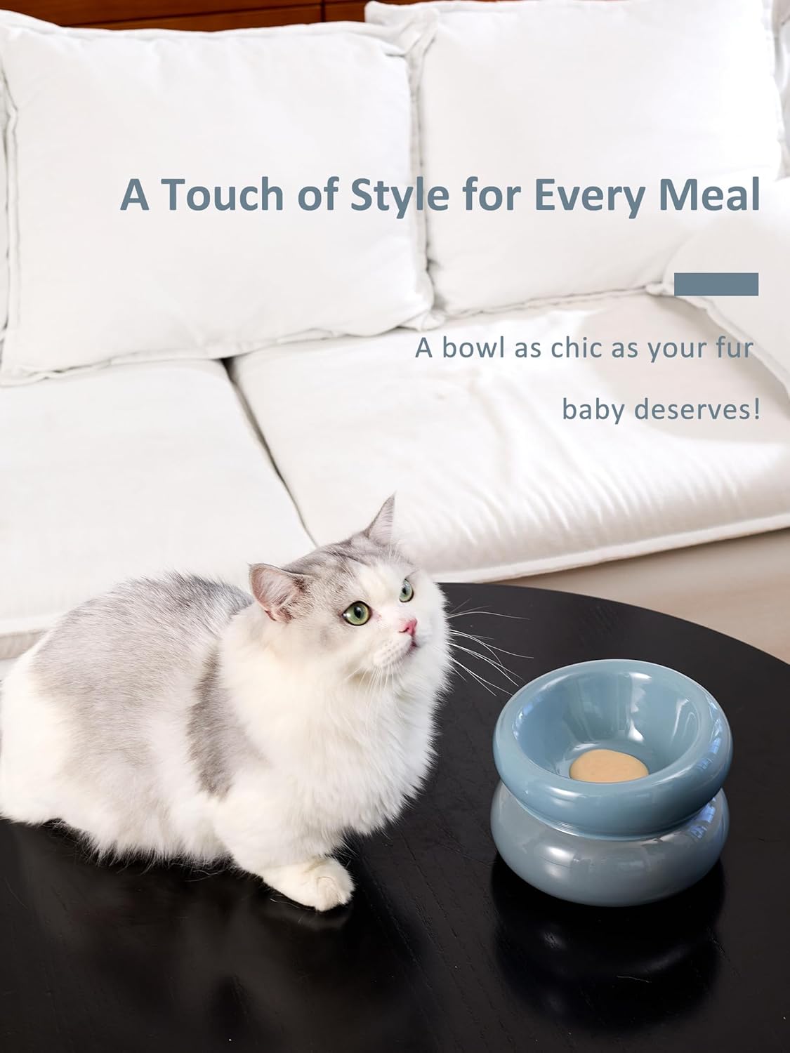 Ceramic Elevated Cat and Dog Bowls for Small Dogs, Non-Slip Tilted Raised Cat Food and Water Bowls Whisker Friendly, Standing Wet Food Bowl-Blue