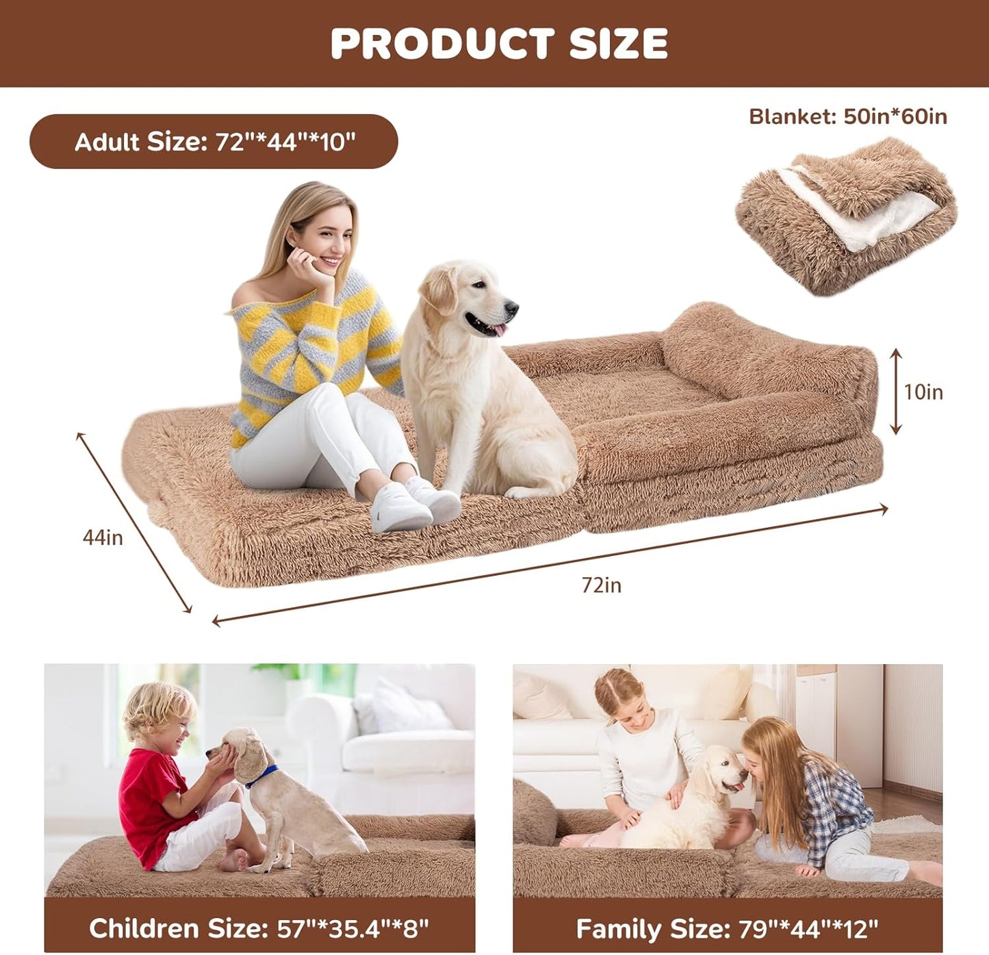 Foldable Human Dog Bed for Adults, Fluffy Human Sized with Blanket, Orthopedic Washable Dog Bed with Memory Foam and Water Repellent Liner for Pet (Brown, 72 * 44 * 10 inch)