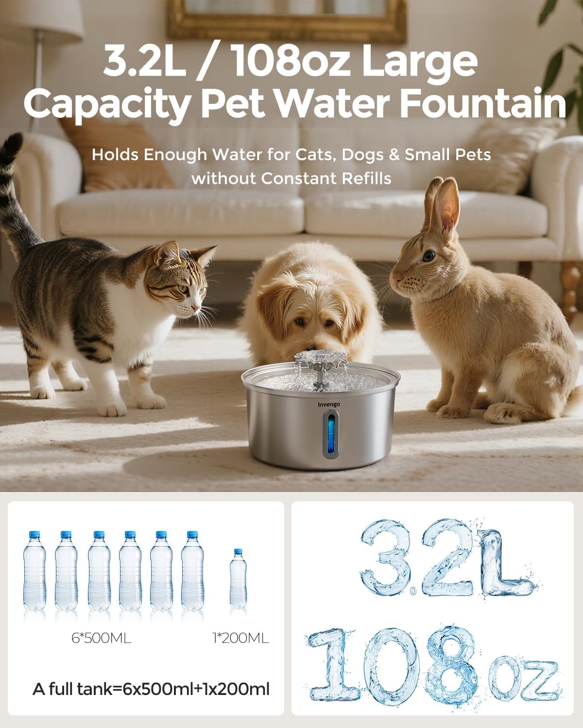 Cat Water Fountain Stainless Steel 3.2L/108oz, Automatic Pet Fountain for Cats & Dogs, Ultra Quiet <25 dB Pump, LED Water Level Window, Easy to Clean