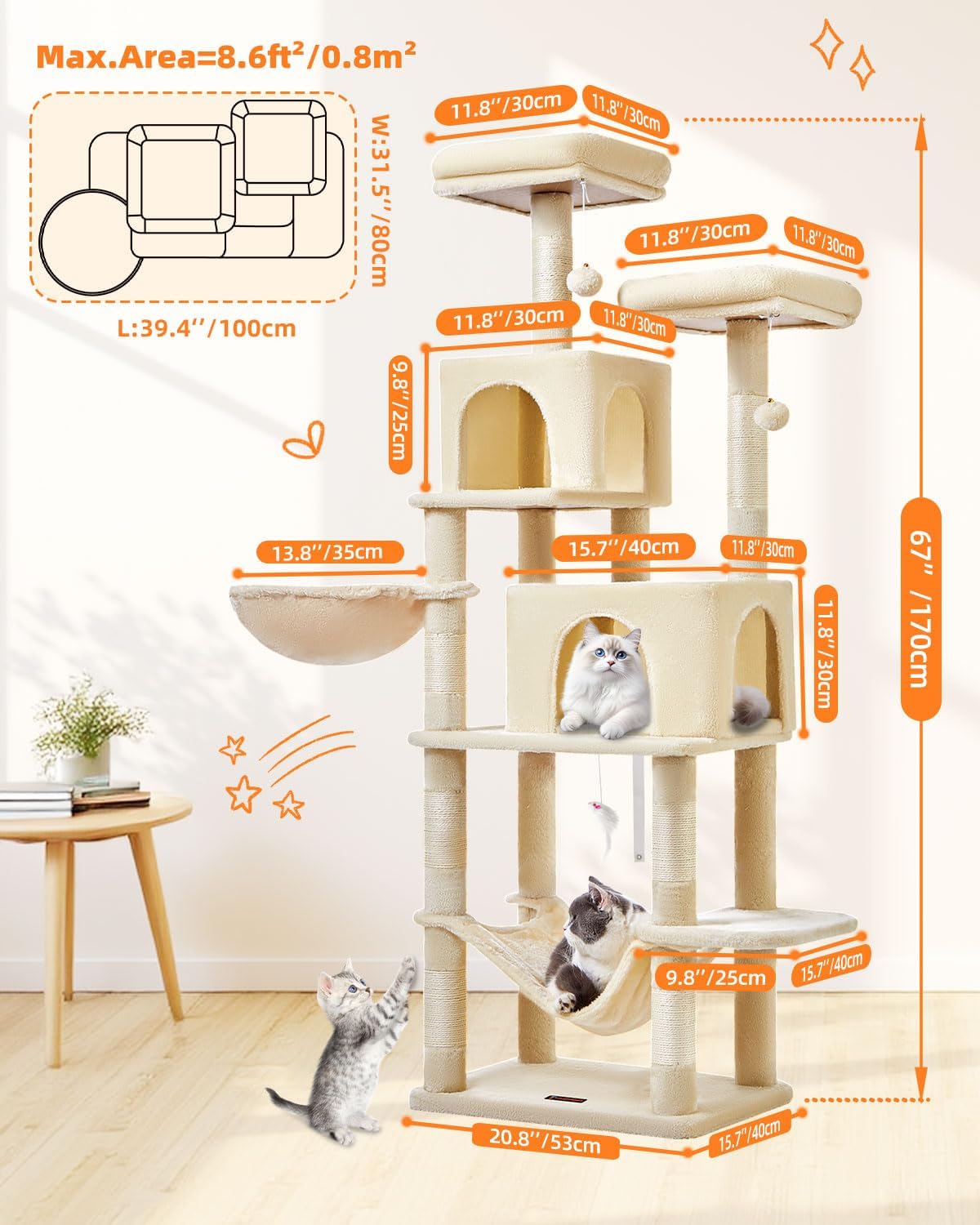 Taoqimiao Cat Tree, 66.2-Inch Cat Tower for Indoor Cats, Plush Multi-Level Cat Condo with 7 Scratching Posts, 2 Perches, 2 Caves, Hammock, 2 Pompoms, Beige MS013M