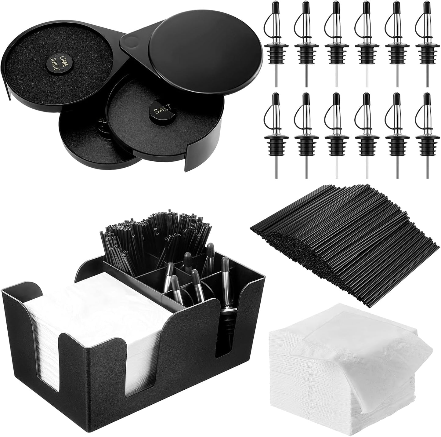 Mifoci 3 Tier Bar Glass Rimmer Bartender Tool with 12 Pcs Stainless Steel Classic Bottle Pourers, Bar Caddy with 6 Compartment, 1000 Pcs Coffee Cocktail Stirrers, 200 Napkins (Plastic)