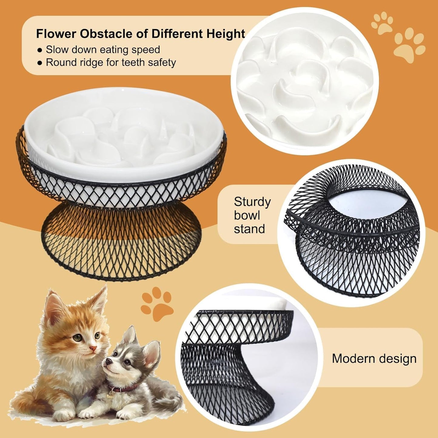 2PCS Raised Ceramic Cat Slow Feeder Bowl Elevated Food Bowl with Stand, Cat Slow Bowl for Wet Food and Dry Food,Slow Down Eating Speed, Whisker Friendly Pet Puzzle Feeder for Kitten and Small Dog