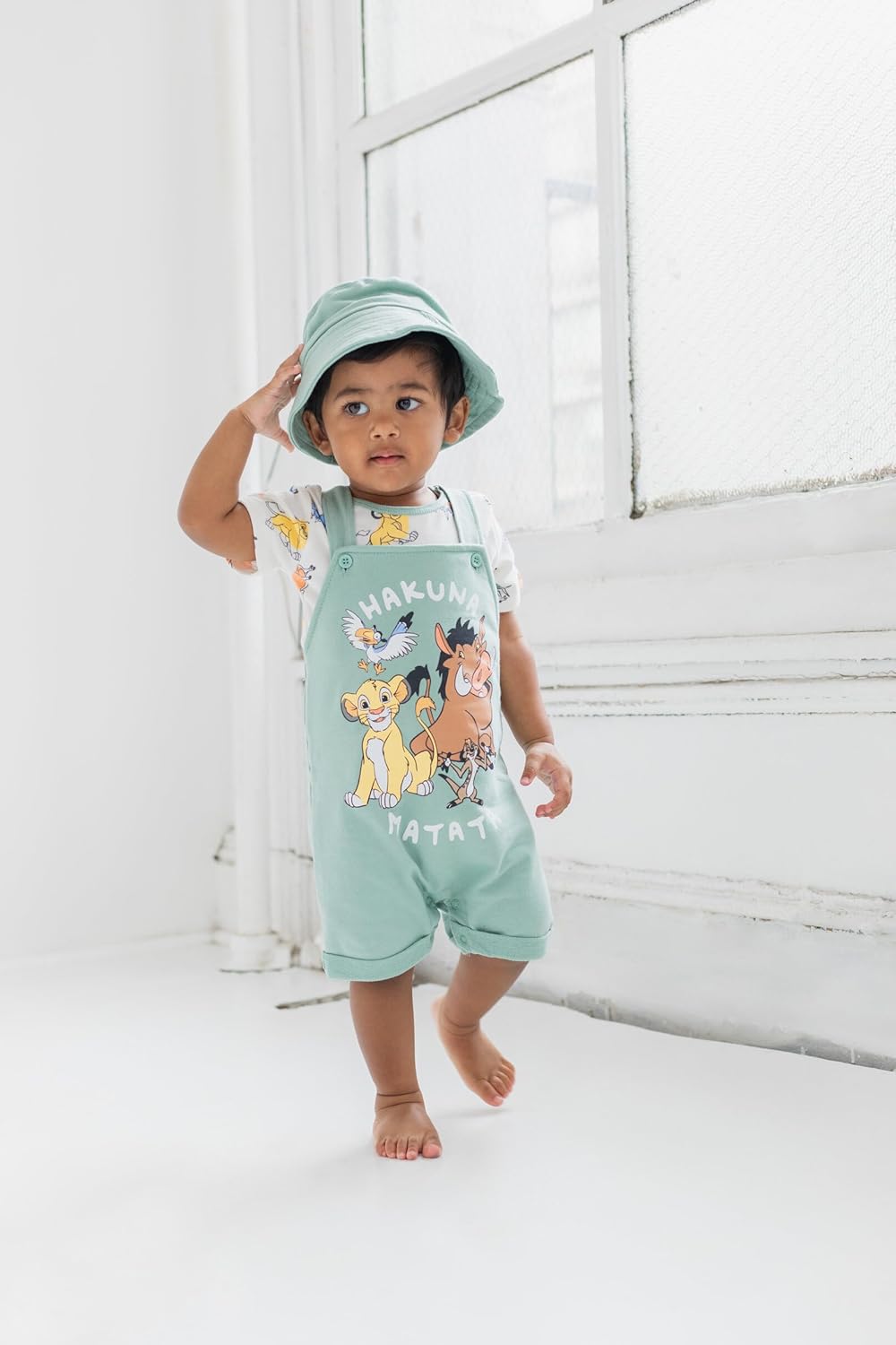 Disney Baby French Terry Short Overalls, T-Shirt and Hat 3 Piece Outfit Set Newborn to Infant Sizes (0-24 Months)