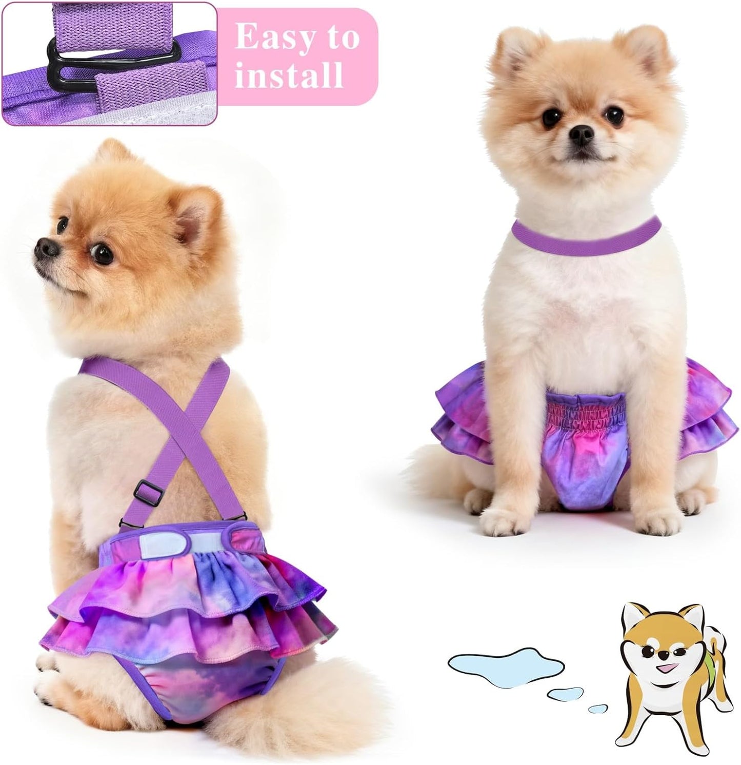 Idepet Female Dog Diapers with Suspender Detachable, 3 Pack Tie Dye Washable Reusable Girl Doggie Diapers Skirts for Small Medium Female Dog in Heat Period Cycle Urinary Incontinence Training S