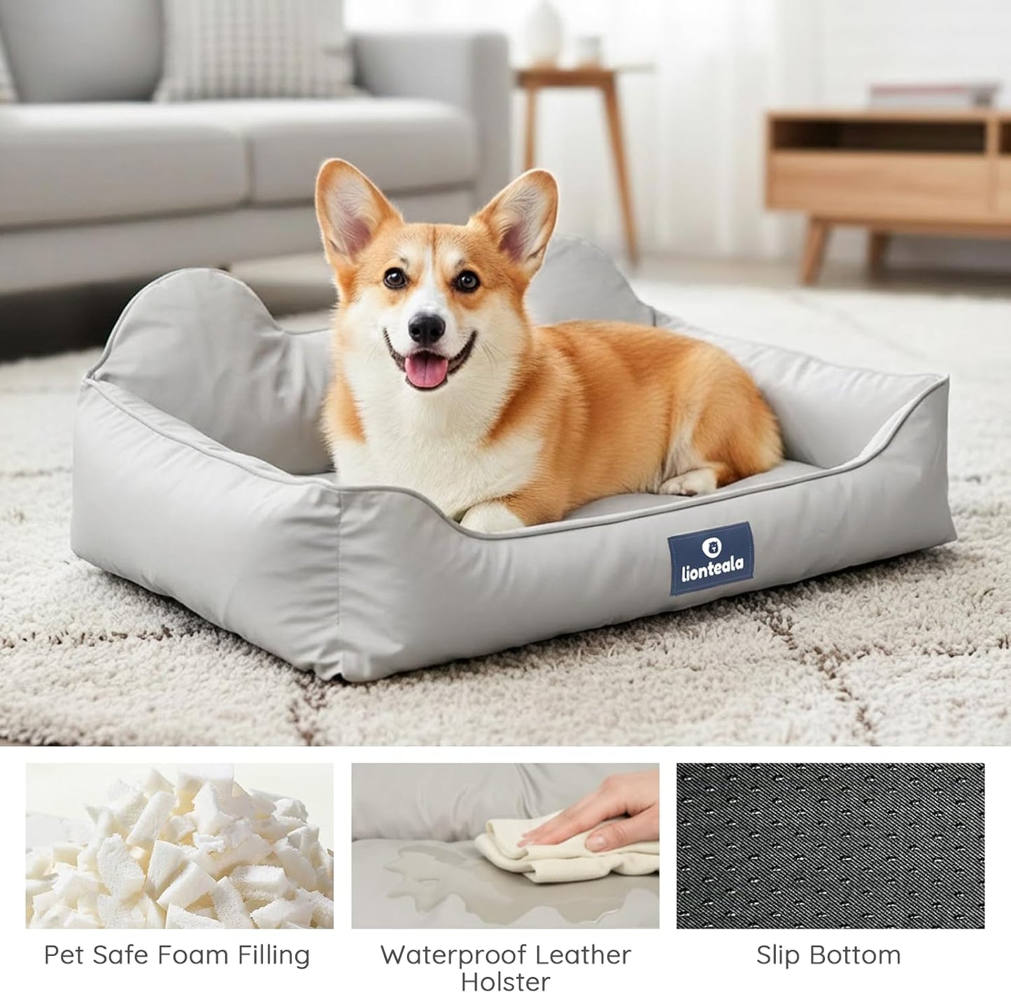 EarsUp Dog Bed 43Inch Leather Dog Sofa, Detachable Orthopedic Puppy Beds, Rectangle Pet with Non-Slip Bottom, Waterproof, Machine Washable (Gray)