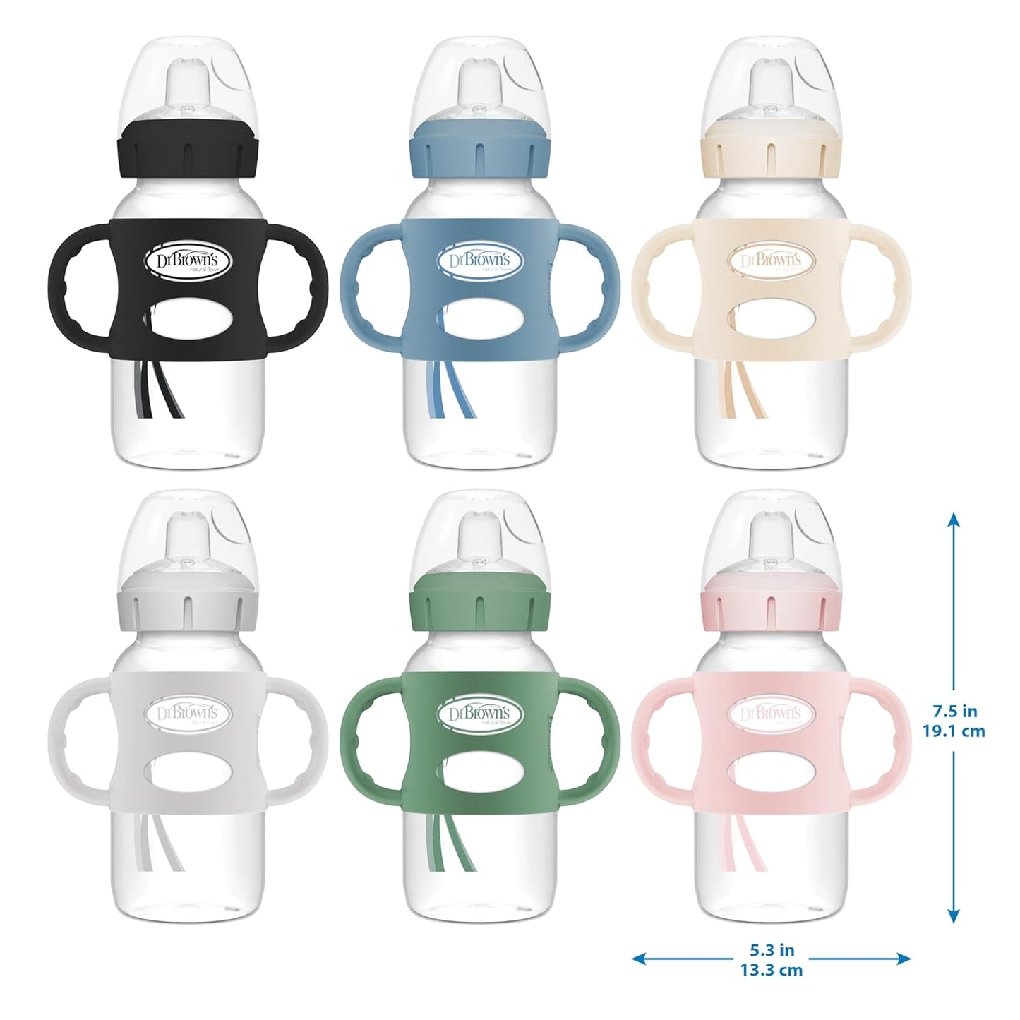 Dr. Brown's Milestones Wide-Neck Sippy Spout Bottle with 100% Silicone Handles, Easy-Grip Handles with Soft Sippy Spout, 9oz/270mL, Green & Gray, 2-Pack, 6m+