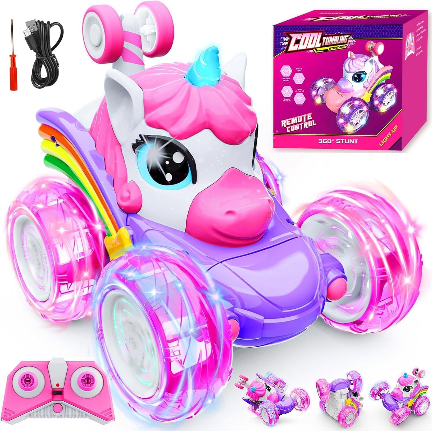 Unicorn Remote Control Car Toys for Girl - 360° Rotating Pink RC Stunt Cars 4WD Remote Cars for Kids, 2.4GHz Toy Car with LED Lights, Easter Birthday Gift for 3 4 5 6 7 8 9 Year Old Girl