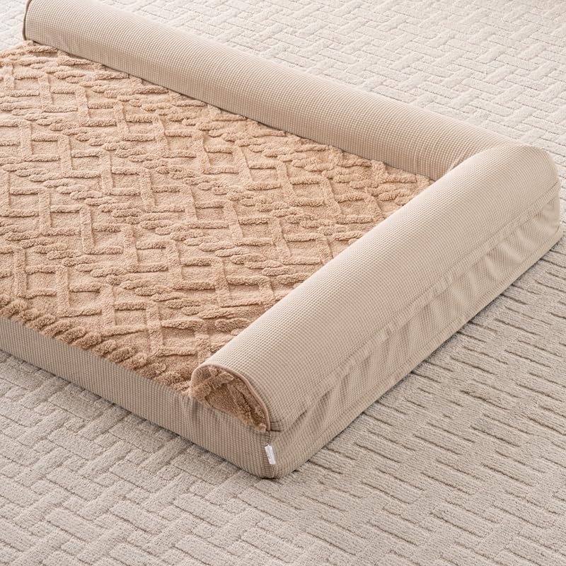 Orthopedic Dog Bed, L-Shaped Brown Plush Sofa with Bolster, Memory Foam Pet Bed, Machine Washable Cover, for Small Dog Sizes 35" L x 25" W x 6.5" H