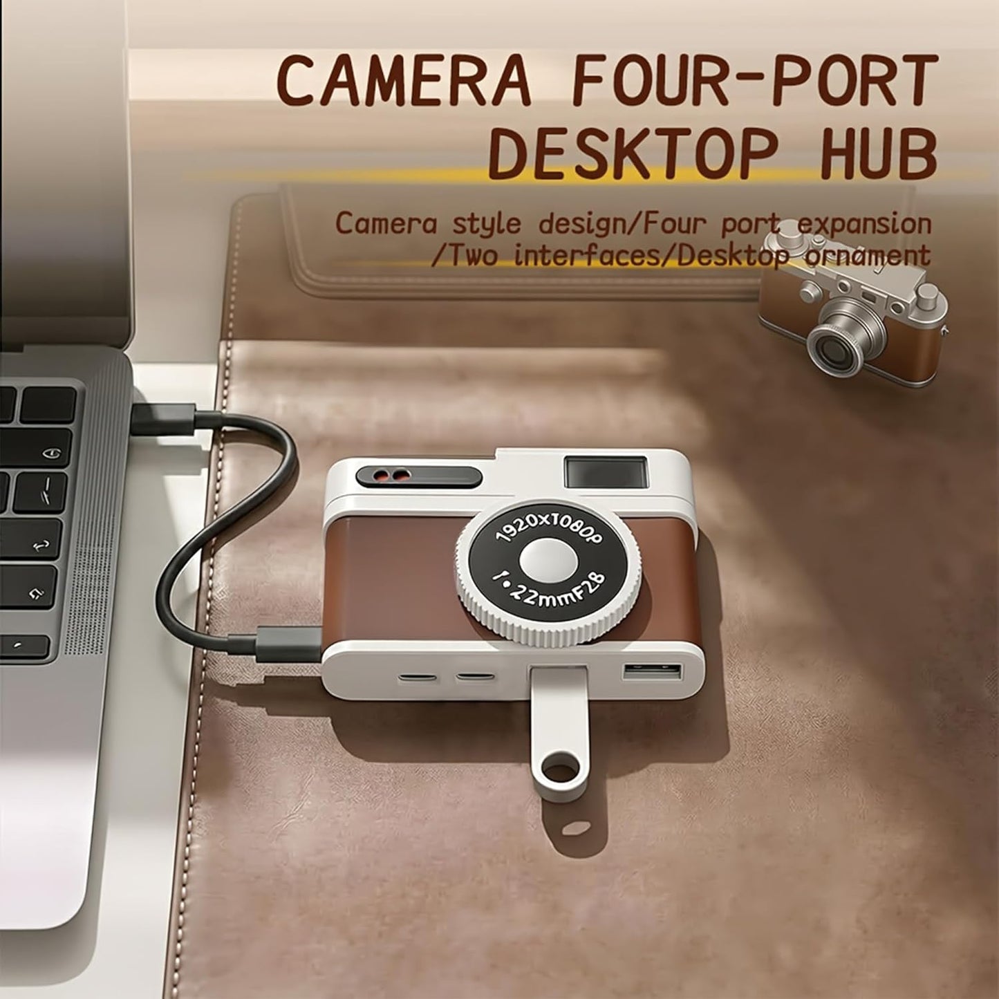 USB C Hub, 4-Port USB Hub with 2 USB-A 2.0 & 2 USB-C Ports, Compact Vintage Camera-Style USB Hub Adapter for Laptop, MacBook, Tablet & Accessories