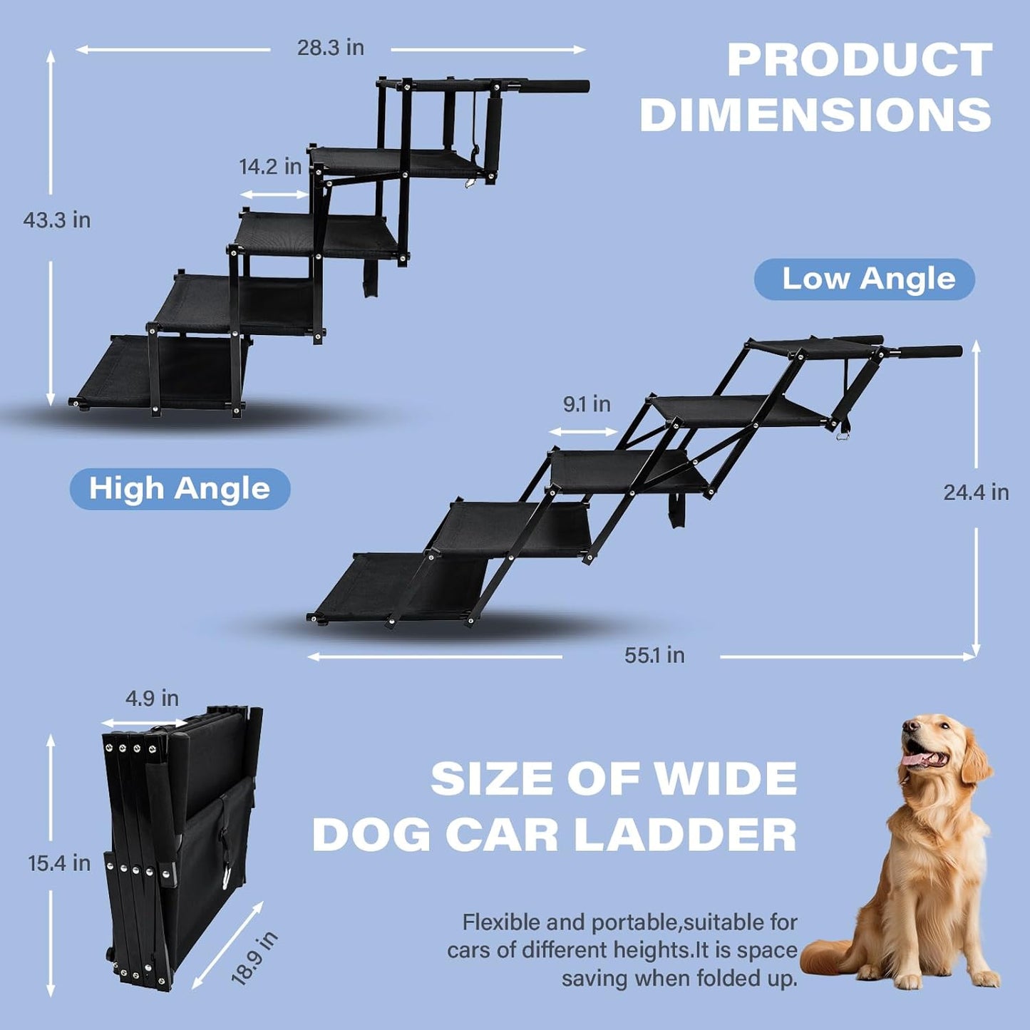 Foldable Dog Stairs for Car SUV Truck, Portable Dog Steps for Large Injured, Pet Ramp with Non-Slip Surface,Suitable for Sofas, Bed, Supports Up to 130 lbs, 5 Steps
