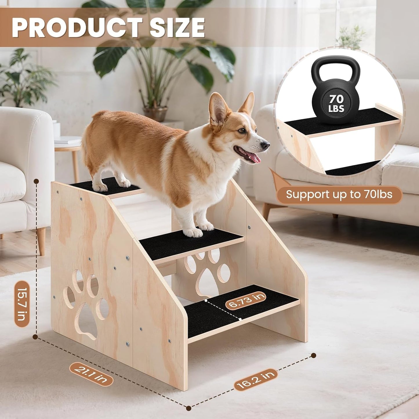 Dog Stairs, Wooden 3-Step Dog Ramp for Small Medium Large Older Cat, Puppy Essentials Pet Step Ladder for High Bed Couch Car