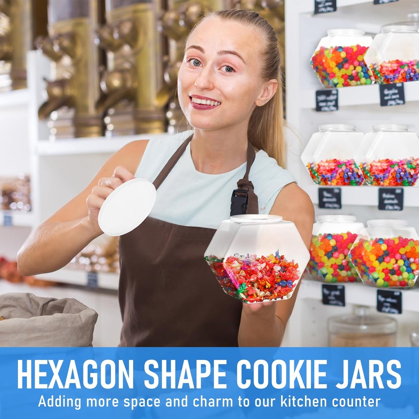 Uiifan 1 Piece Plastic Candy Jar with Lid Clear Fish Bowls Cookie Jar Hexagonal Containers for Snacks, Dog Food, Desk Pet, Craft and Sewing Supplies, Coffee Pod, Laundry Pod Storage Display(70 oz)