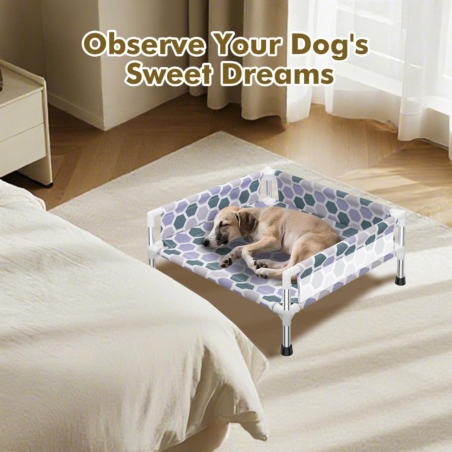 Elevated Dog Bed, Cooling Outdoor Dog Cot with 3-Sided Guard Rails, Raised Pet Bed for Indoor and Outdoor, Durable & Breathable(19.8" L x 19.8" W x 5.9" Th)