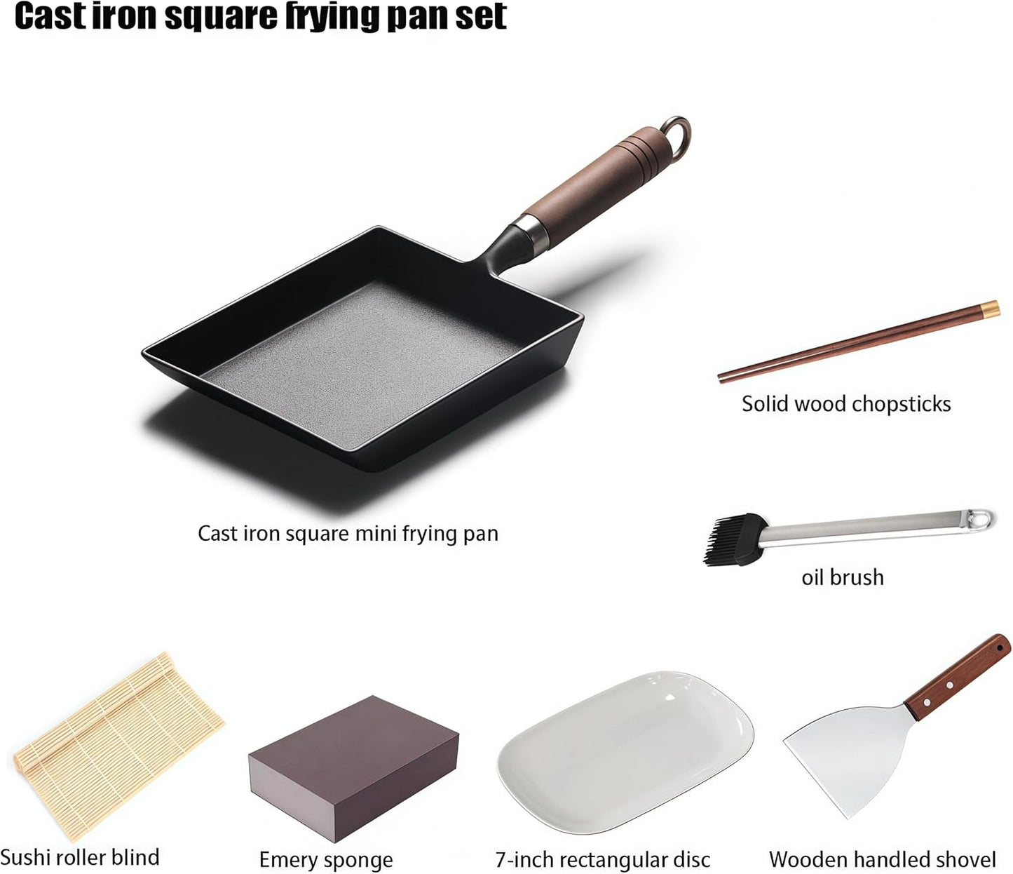 Japanese Cast Iron Tamagoyaki Pan - Pre-Seasoned, Liquid Nitrogen Treated, Non-Rust, Ready to Use, Detachable Wood Handle, Oven Safe, for Omelets, Steak & Camping, Chemical-Free Non-Stick,9x7 Inch