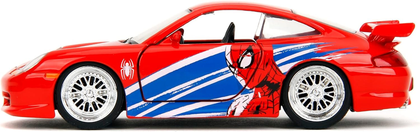 Jada Hollywood Rides Spider-Man Porsche 911 GT3 RS 1:32 – Die-Cast Vehicle Paint, Opening Doors, Marvel Theme – Red/Blue Design for Kids & Collectors