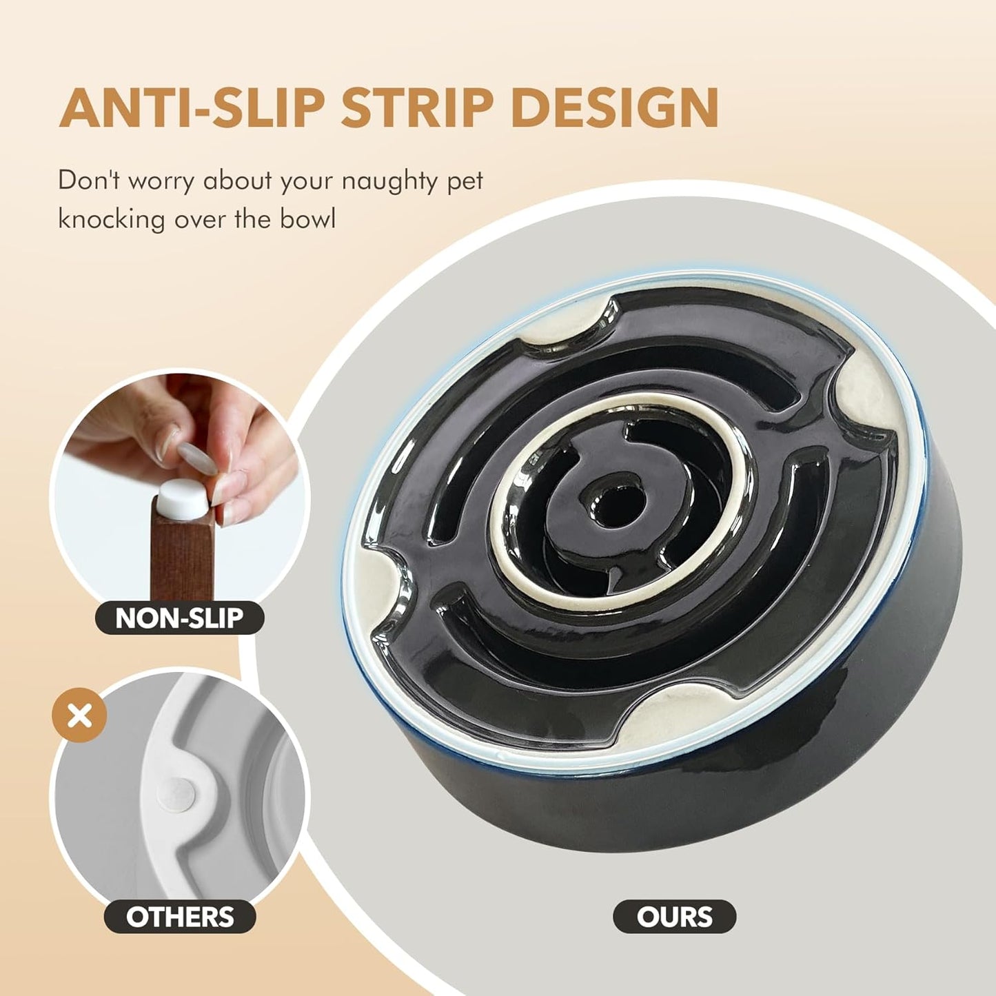 Ceramic 1.6 Cup Raised Slow Feeder Dog Bowl Set, Elevated Acacia Wood Stand for Medium and Large Dog, 8.2inch Slow Dish, Stop Bloat(Single Bowl+ Stand, Starry Sky)