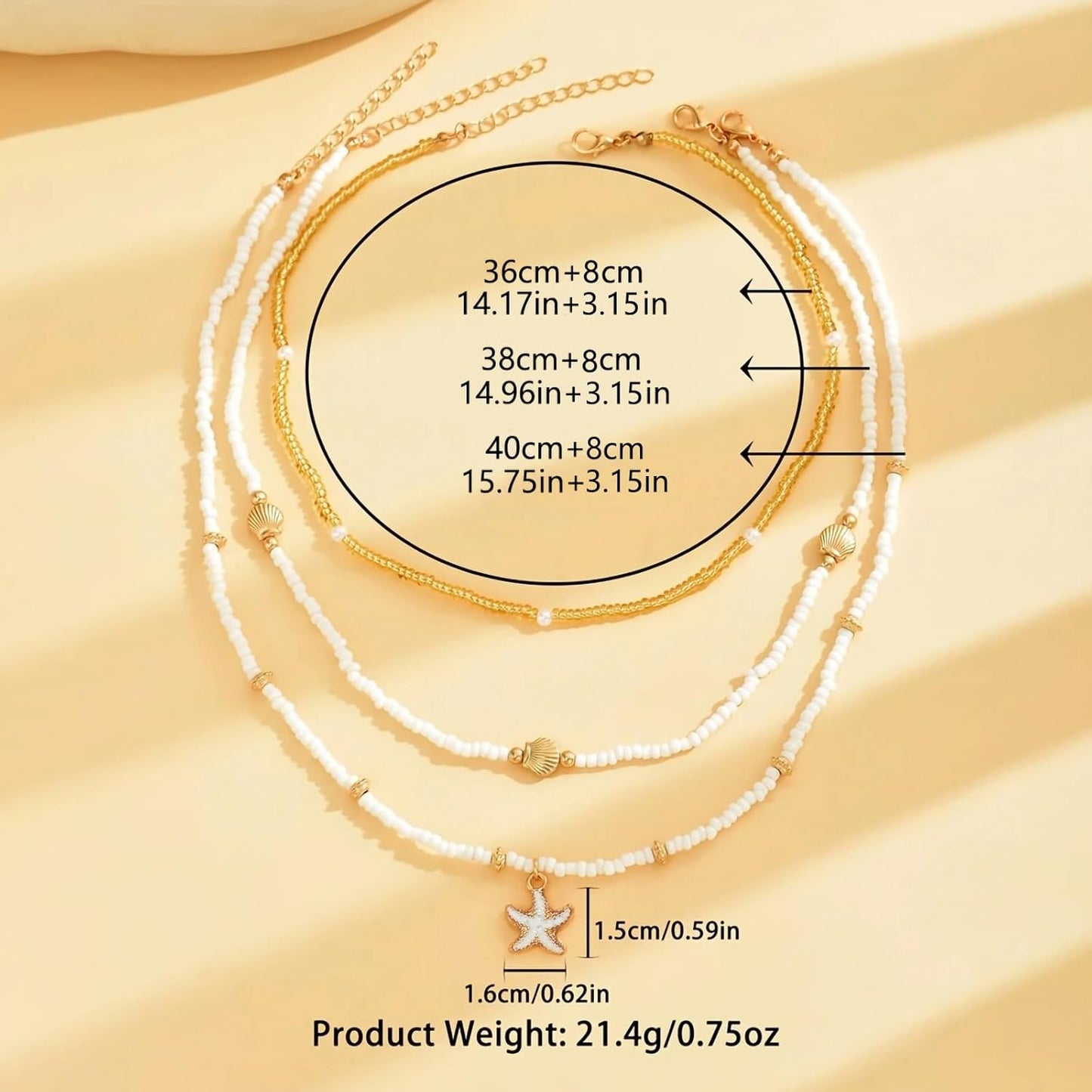 Shell Starfish Necklace for Women, 14k Gold Plated Boho Layered Beaded Charm Pendant Necklace, Dainty Adjustable Pearl Conch Summer Beach Vacation Jewelry Gifts