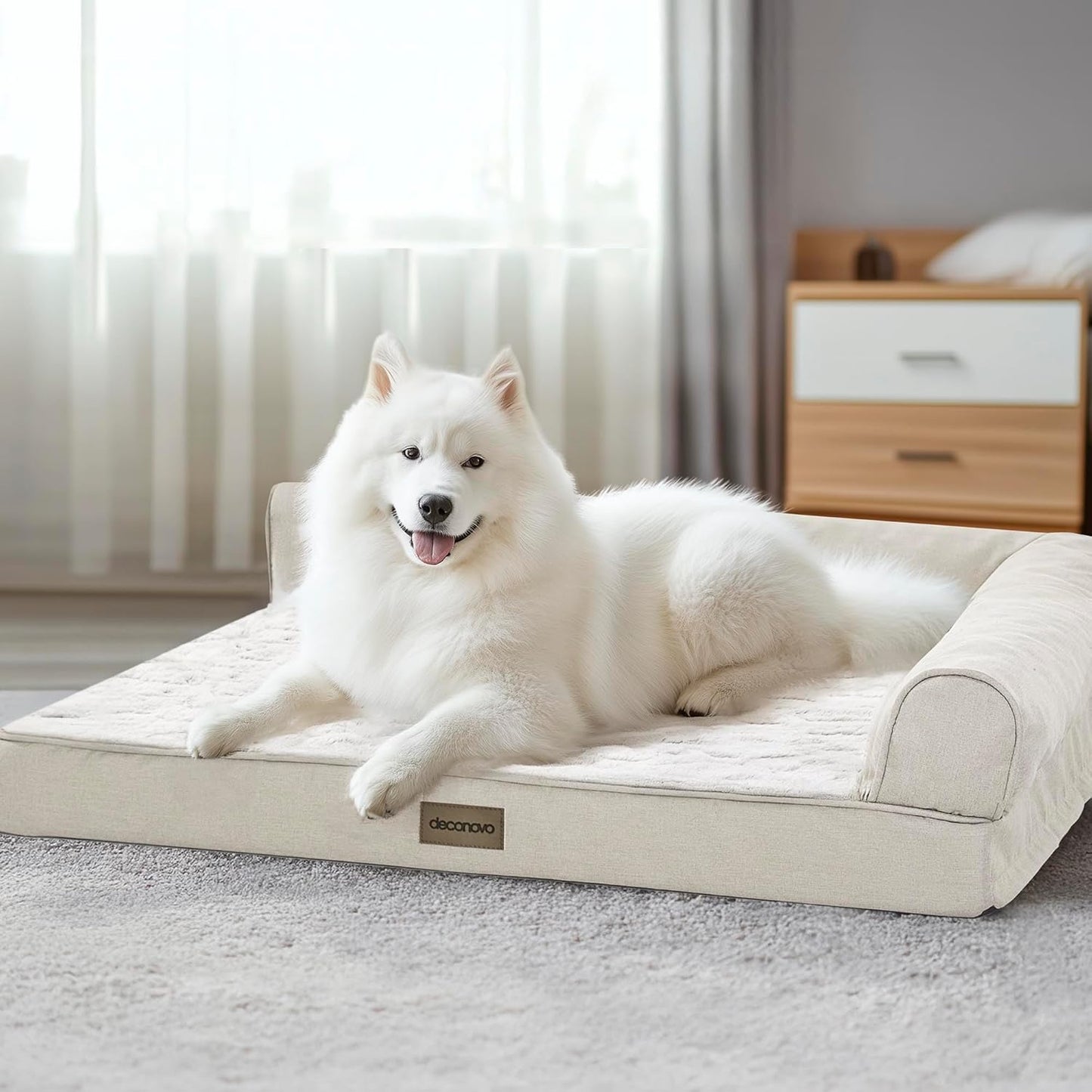 Deconovo Sofa Dog Bed with L-Shape Bolster, Supportive Eggrate Foam, PV Velvet Top, Anti-Slip Waterproof Bottom, Zippered Washable Cover, Large Dogs & XL Options, Beige, 42x31x8 Inches