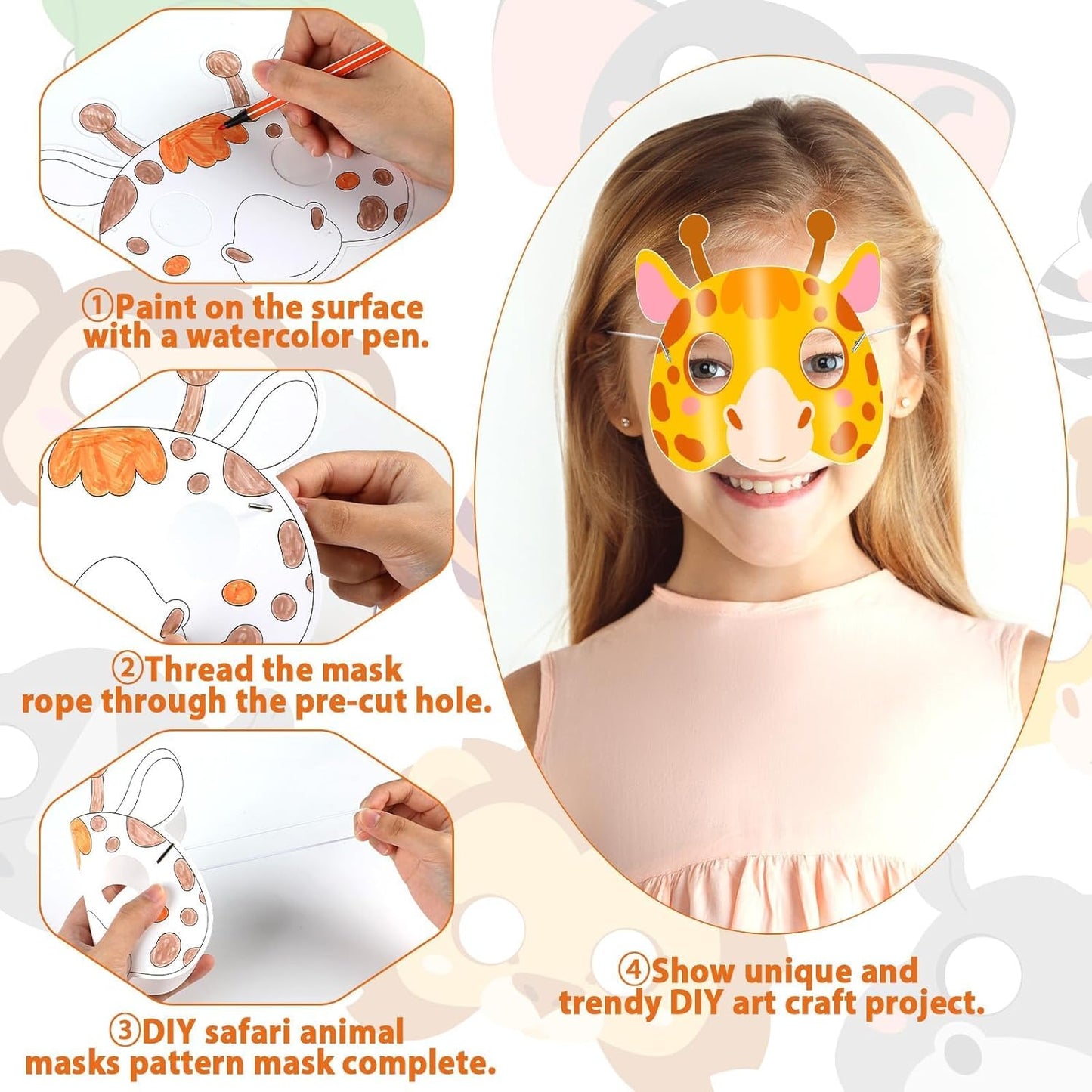 36 Set Animal Coloring Mask Jungle Paper Arts Crafts Kids Color Your Own Wild Lion Blank DIY Mask Masquerade Birthday Party Dress-Up Decoration Favor School Classroom Activity Game Supplies