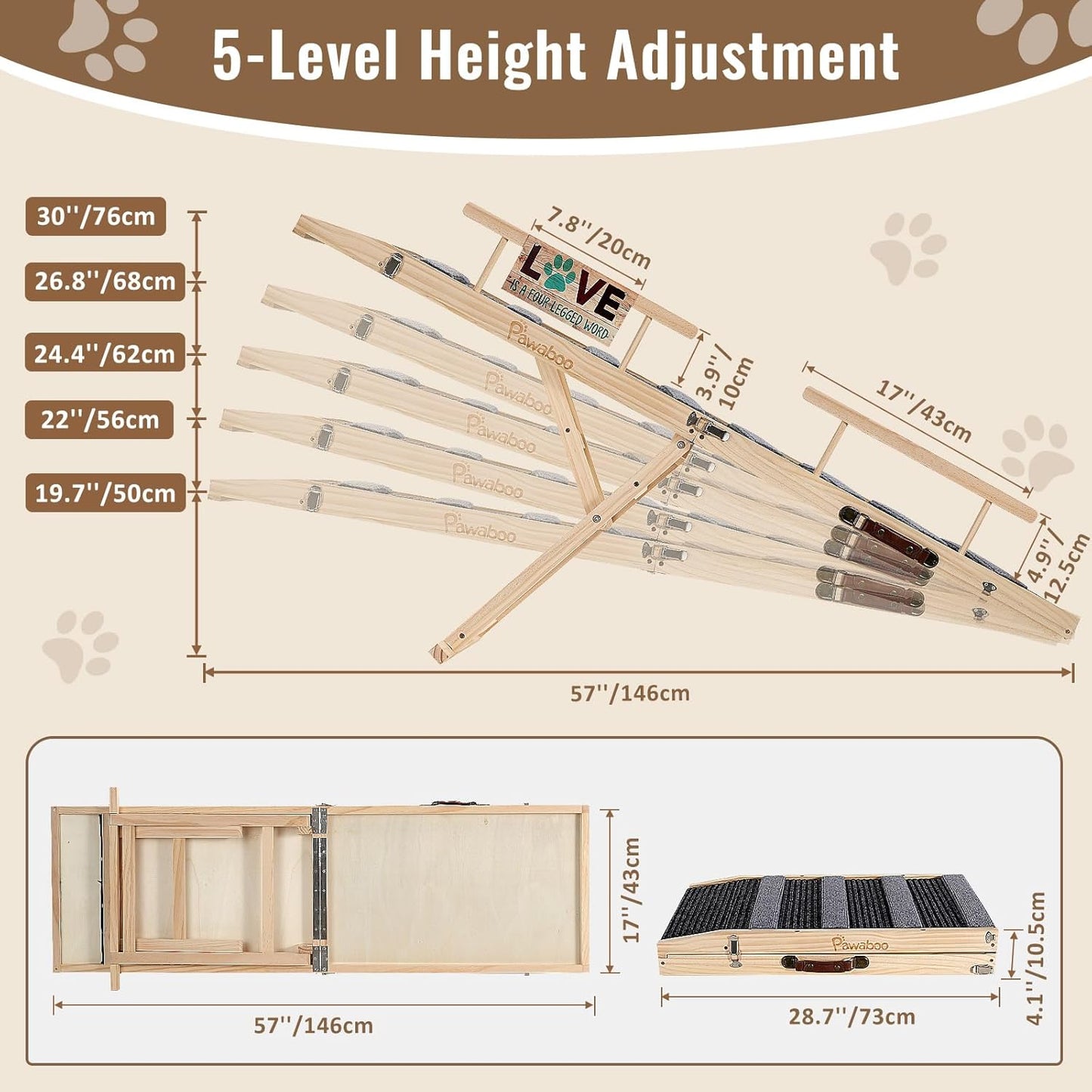 Pawaboo Dog Ramp for Small Dog, 57'' Foldable Dog Ramp for Bed, 5 Adjustable Height from 19.7'' to 30'', Portable Stable Pet Steps with Dogs Tag & Safety Side Rails, Pet Ramps for Bed Couch