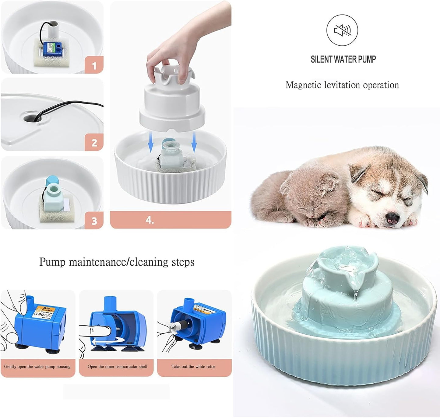 Ceramic Cat Water Fountain Cats Tower Water Dispenser 2.1L/71.02oz Dog Water Bowl Dispenser Cat Fountain for Cats Indoor Ultra Quiet Pump Pets Water Bottle White