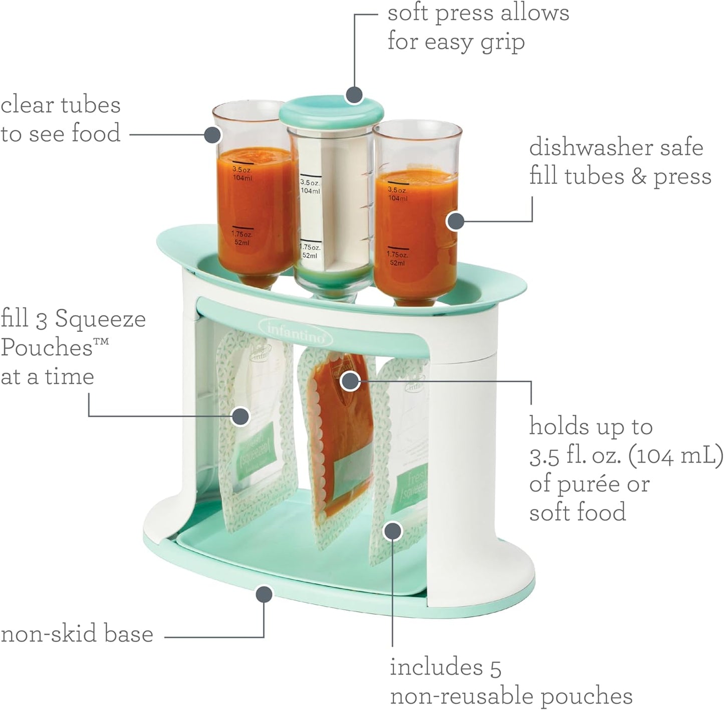 Infantino Squeeze Station for Homemade Baby Food, Pouch Filling Station for Puree Food for Babies and Toddlers, Dishwasher Safe and BPA-Free