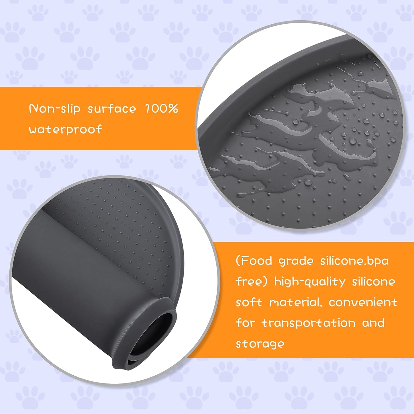 100% Waterproof 0.5" Raised Edge BPA Free Silicone Dog Food Mat, Pet Cat Feeding Mats Contain Spills Protects Floors, Placemats for Cats and Dogs Water Bowl Dishwasher. (Large/XL, Gray)