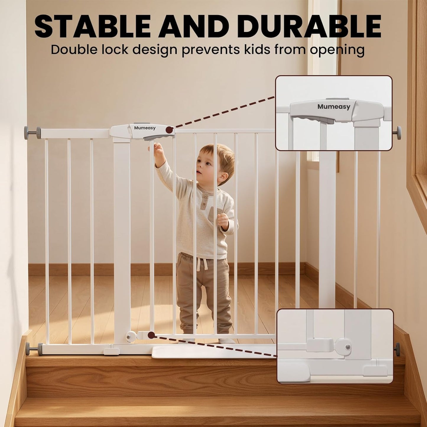 29.7-46" Extra Wide Baby Gate for Stairs, Pressure Mounted Dog Gate Indoor for Doorways, Auto Close Pet Gate with Walk Thru Door, Double Lock Child Safety Gate for Kids and Pet, No-Trip Design
