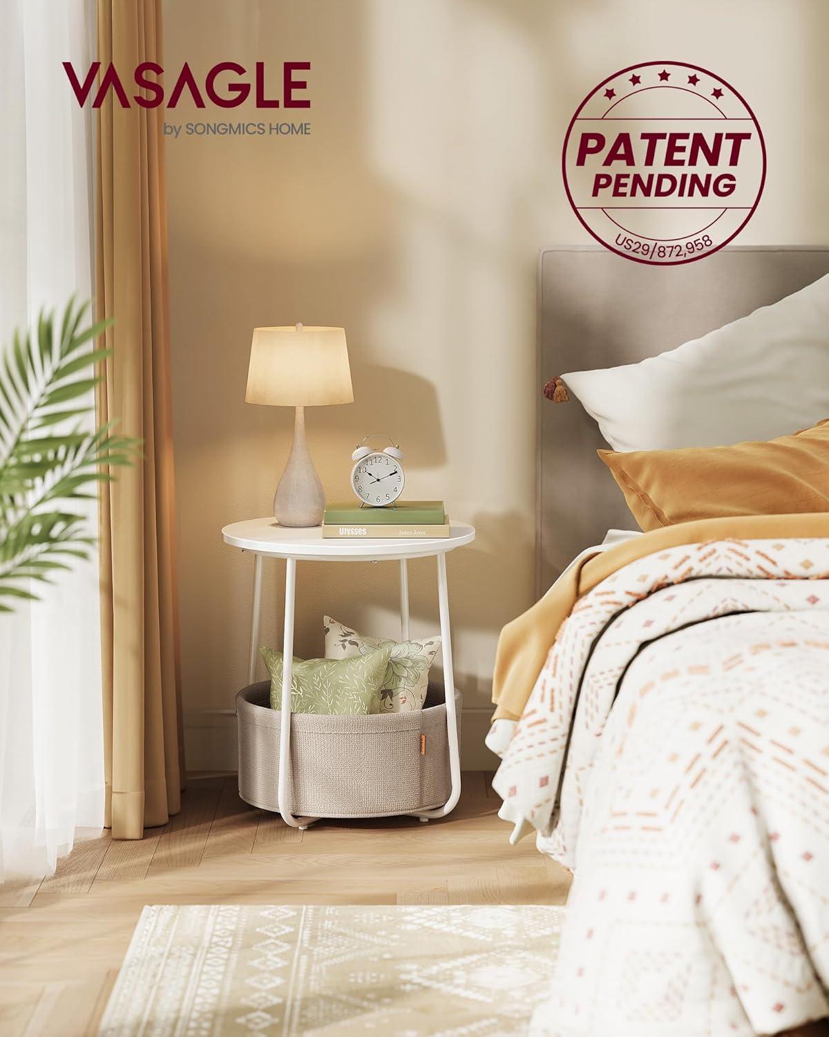 VASAGLE LILEA Collection - Small Round Side End Table, Modern Nightstand with Fabric Basket, Matte White and Camel Brown ULET223W10