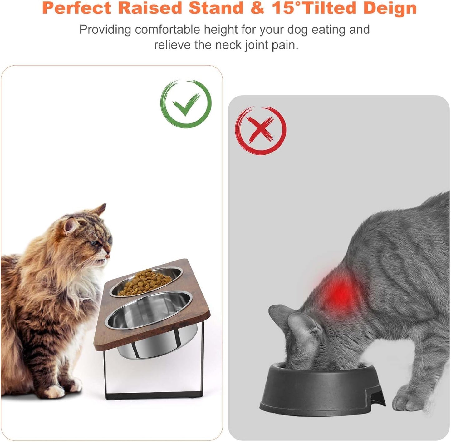 Yummy Sam 15° Tilted Raised Stainless Steel Dog Food and Water Bowl Set, Elevated Pet Bowls with Stand Double Food Feeding Dishes for Medium Dogs and Large Cats