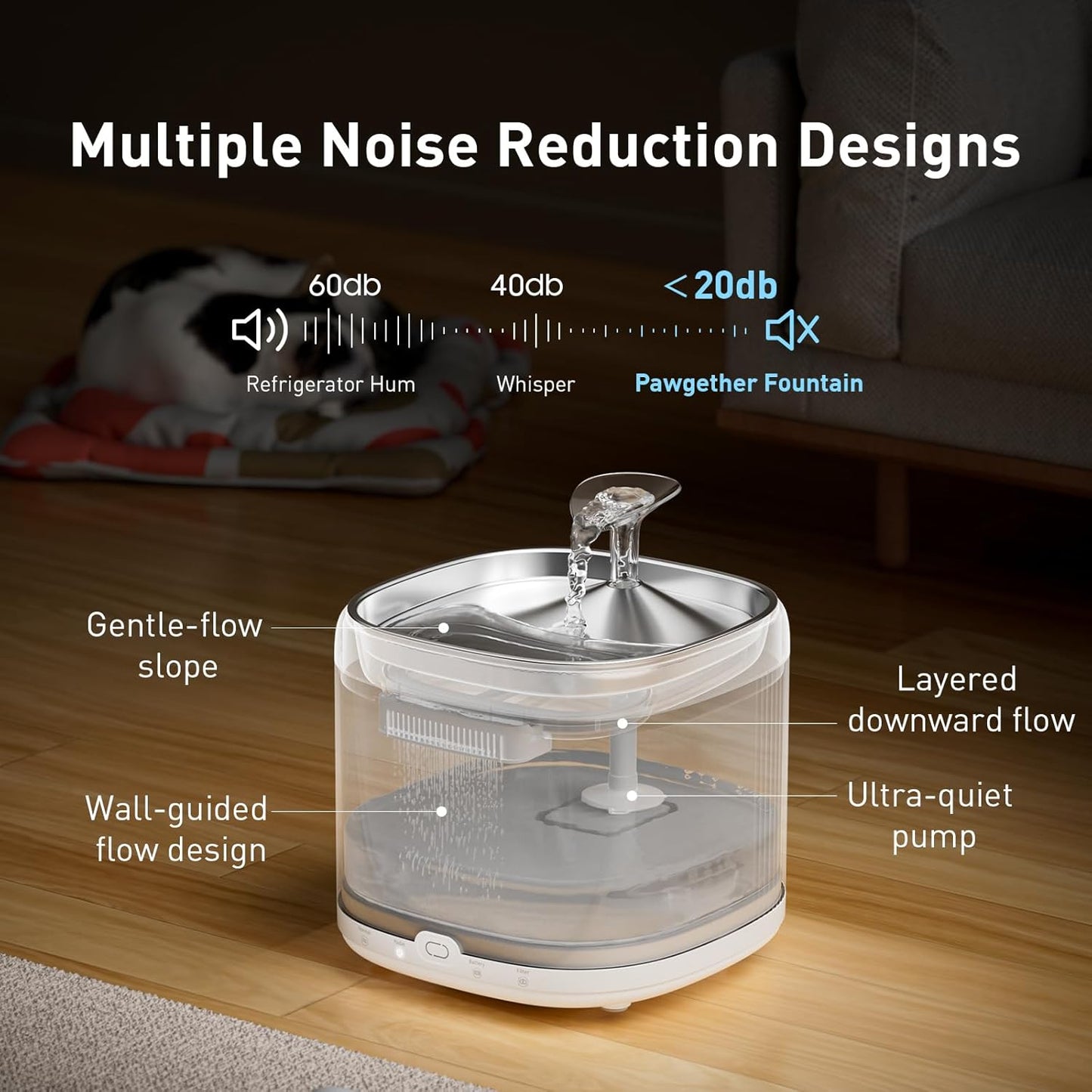 PAWGETHER® Cat Water Fountain, Ultra Quiet Pumpless Pet Water Fountain with Stainless Steel Tray, 67oz/2L Water Fountains for Cats Indoor with 360° Motion Sensor for Cats & Dogs (with Filter)